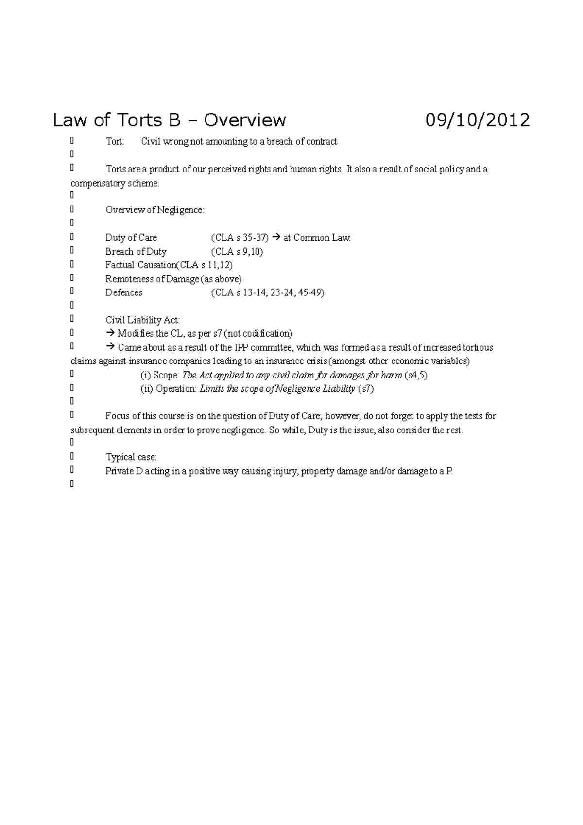 Summary - Law Of Torts B – Overview - Law Of Torts B – Overview 09/10 ...