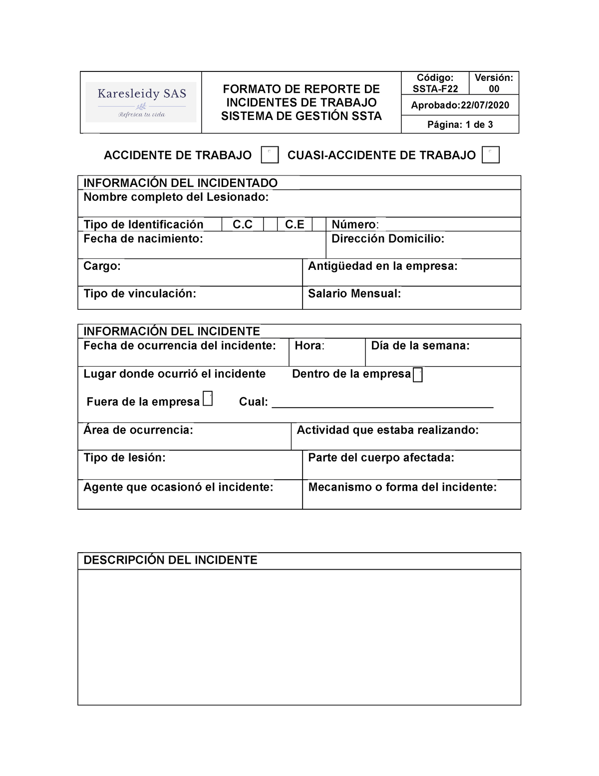Formato Reporte de incidentes - FORMATO DE REPORTE DE INCIDENTES DE TRABAJO  SISTEMA DE GESTIÓN SSTA - Studocu