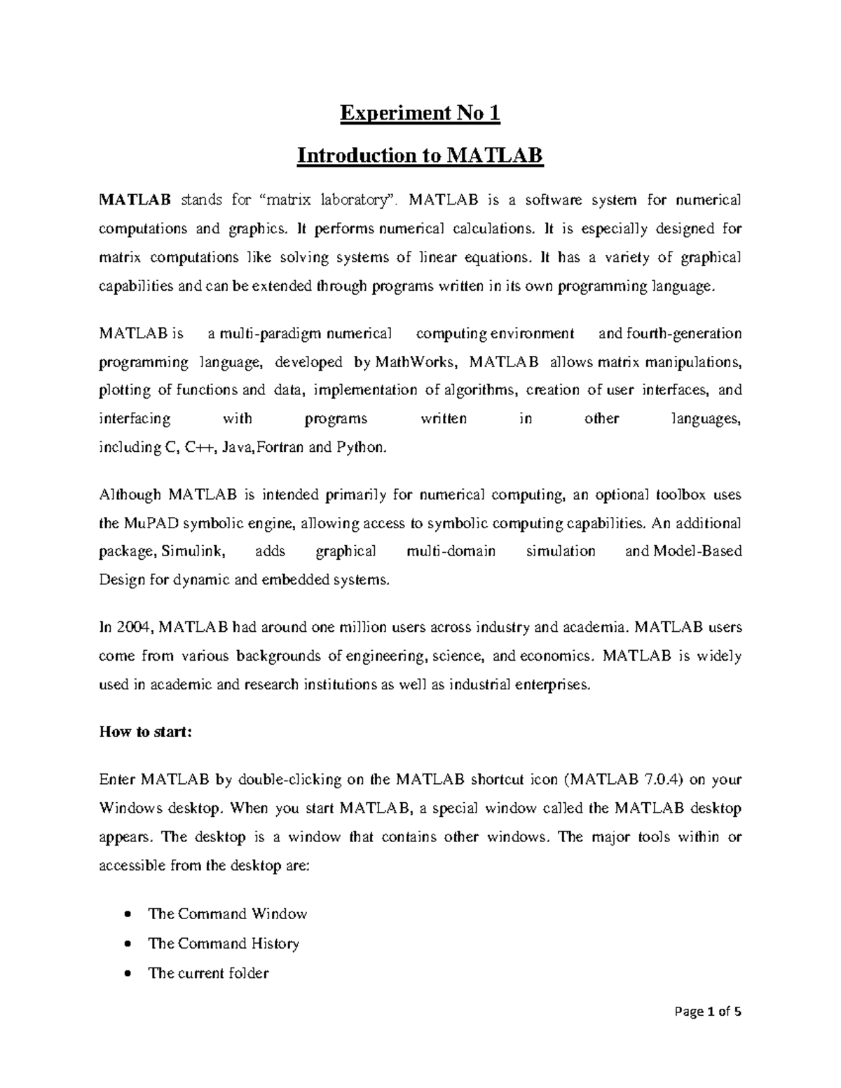 Introduction to MATLAB - Experiment No 1 Introduction to MATLAB MATLAB ...