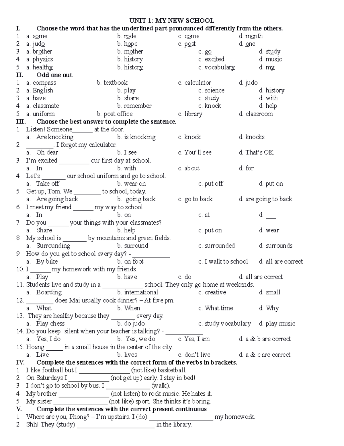 Bai tap dung kem Unit 1 My new school - UNIT 1: MY NEW SCHOOL I. Choose ...