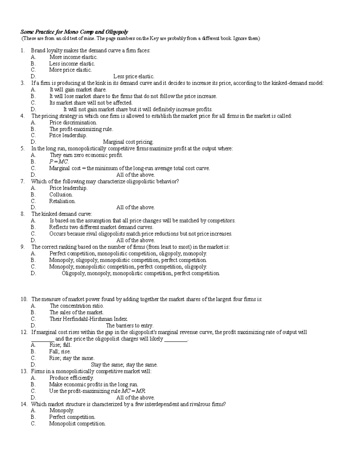 Some practice questions for mono comp and Oligopoly - Some Practice for ...