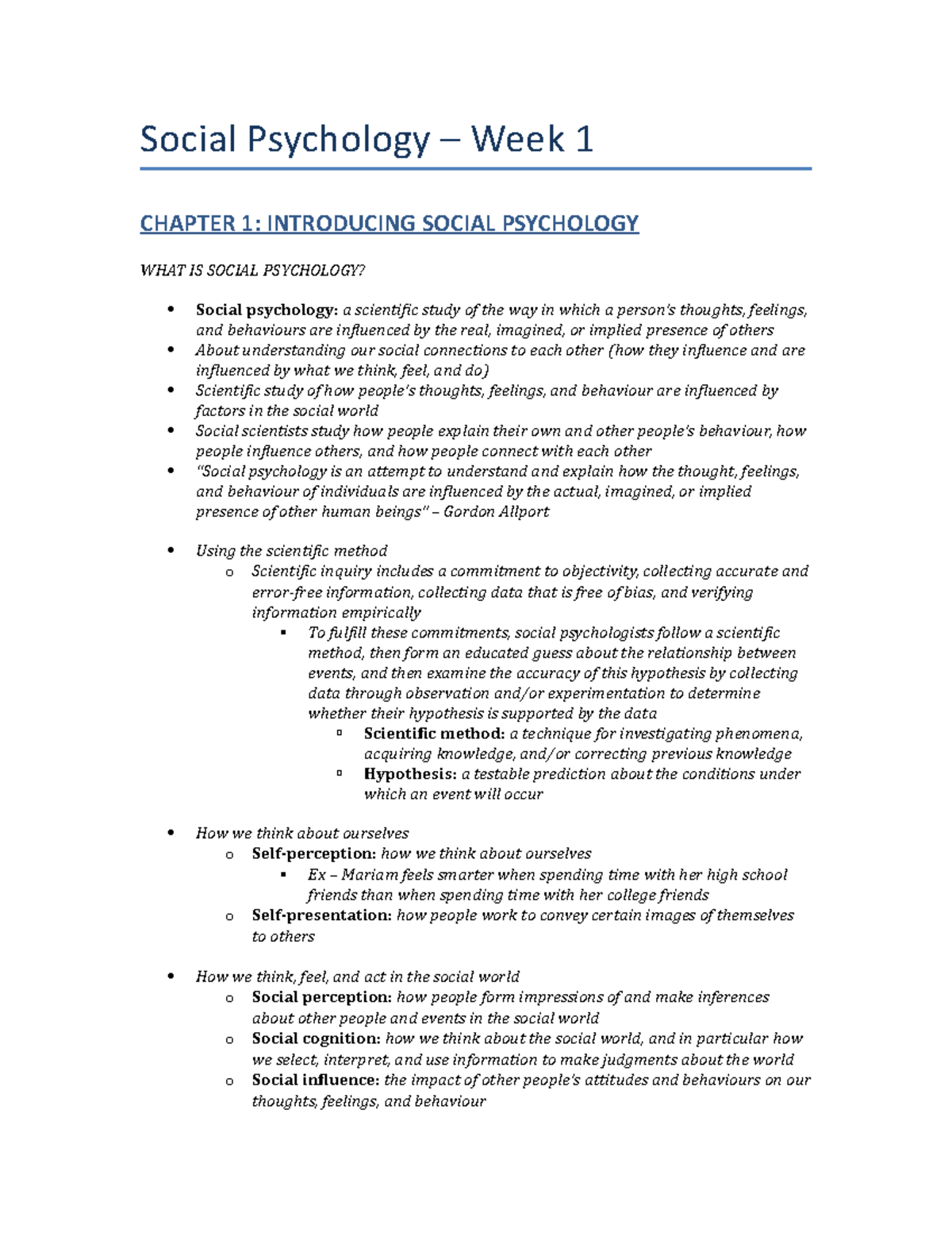 Week 1 (PSYC2310) - Summary Introduction to Social Psychology SFW ...