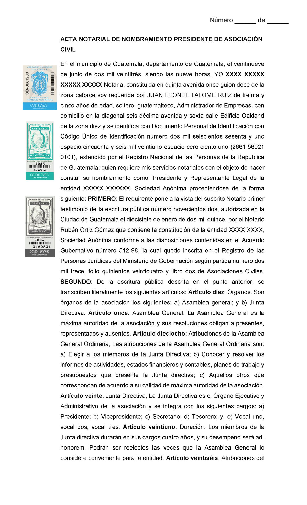 Acta Notarial De Nombramiento Presidente De Asociación Civil Acta