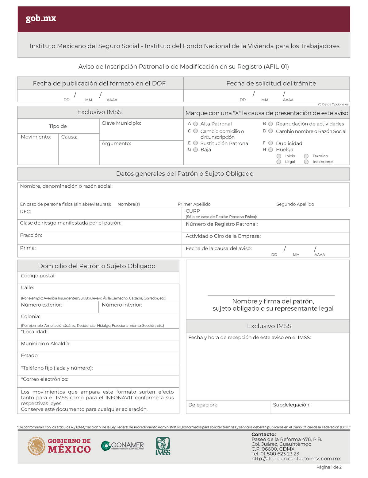 Afil 01 Editable Pdf Formatos Para Altas De Empresa En El Imss P·gina 1 De 2 Contacto Paseo 8755