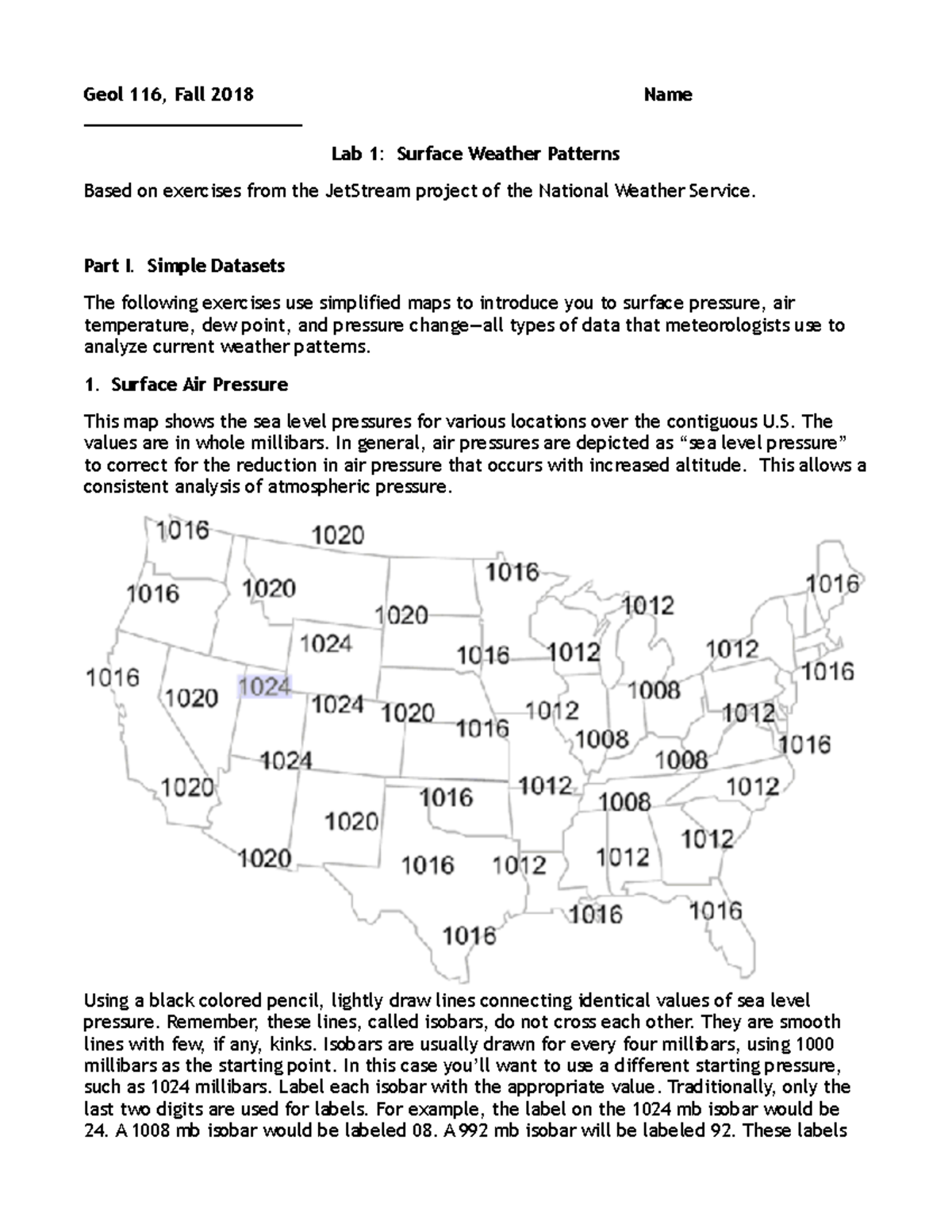 Lab 1 Weather Maps lab Geol 116, Fall 2018 Name Lab 1 Surface
