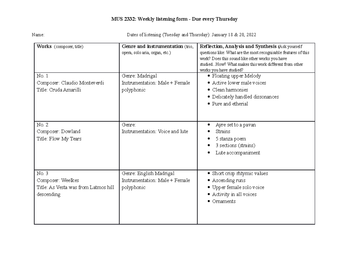Week 2 Listening Form - MUS 2332: Weekly listening form - Due every ...