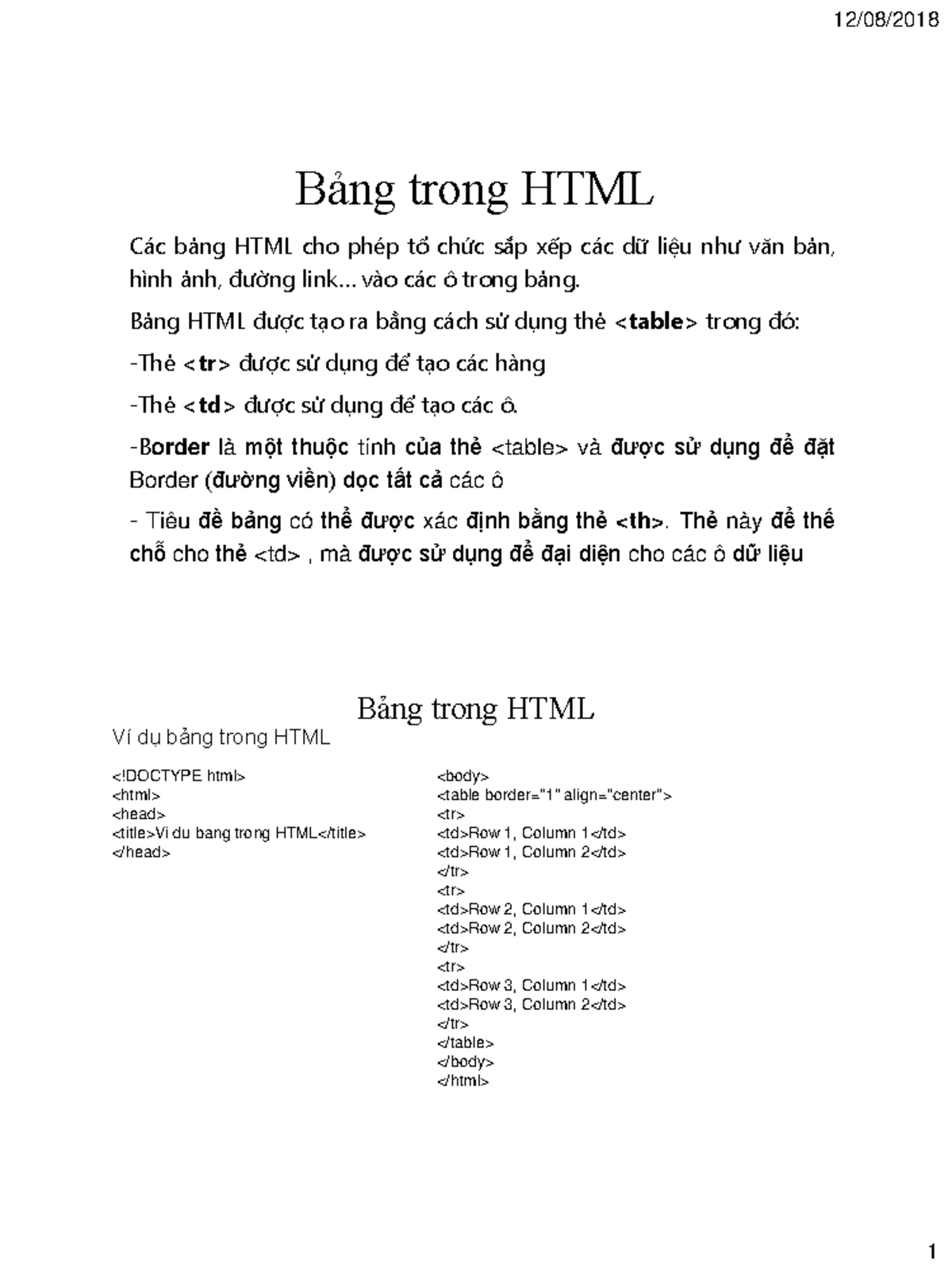 Bang Bieu HTML - Tài liệu - Bảng trong HTML Các bảng HTML cho phép tổ ...