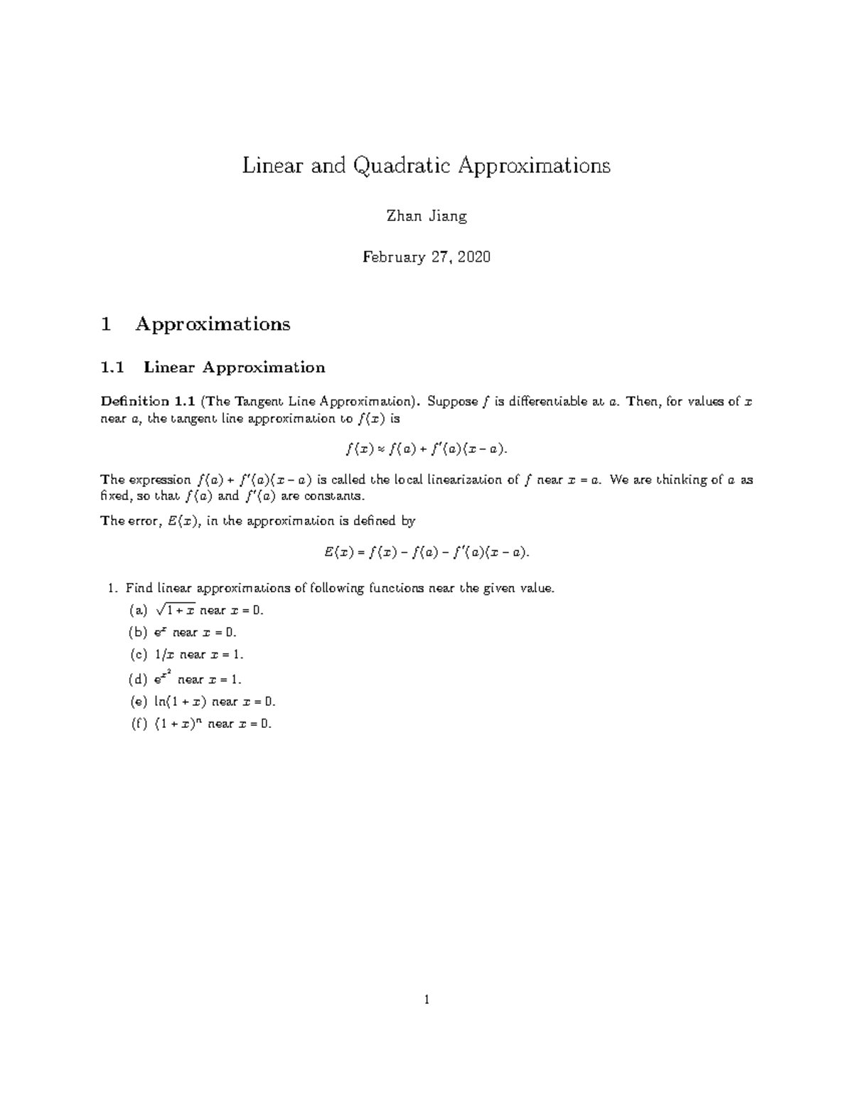 University of Michigan MATH 115 Summaries 2020 - Linear and Quadratic ...