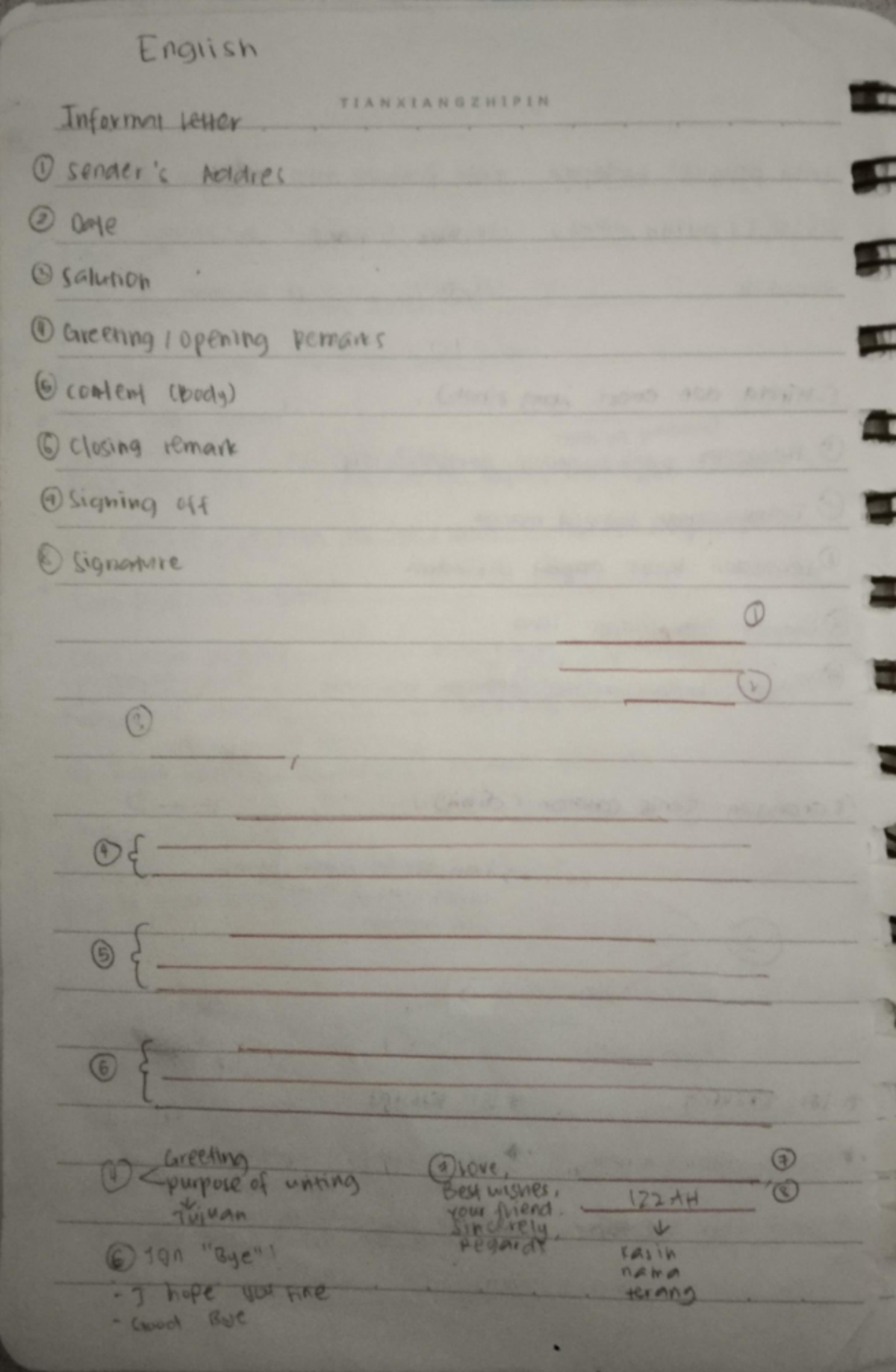 English Note - Notes - English TIANKIANGZHIPIN Informal letter I Addies ...