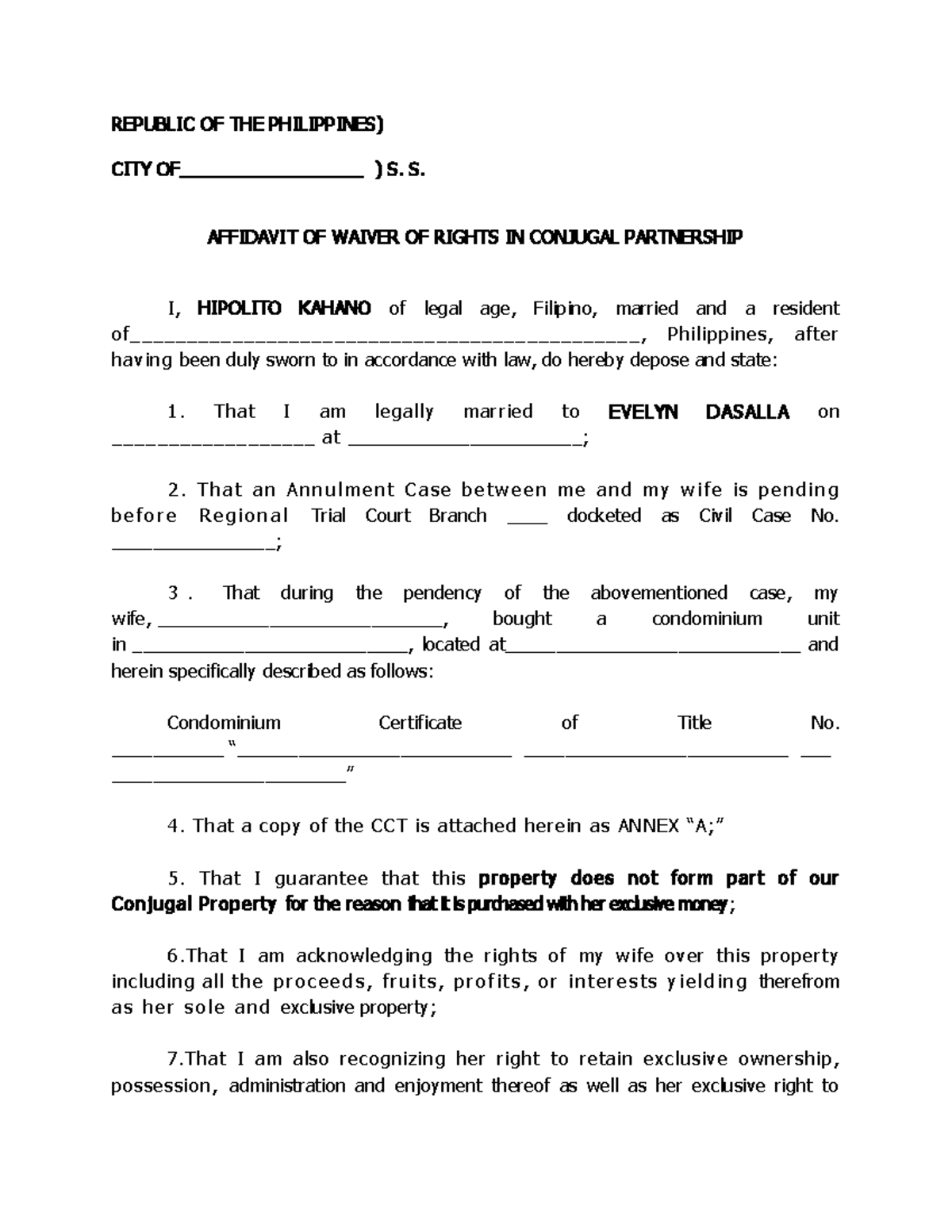 Waiver Conjugal Properties Republic Of The Philippines City Of S S 4244