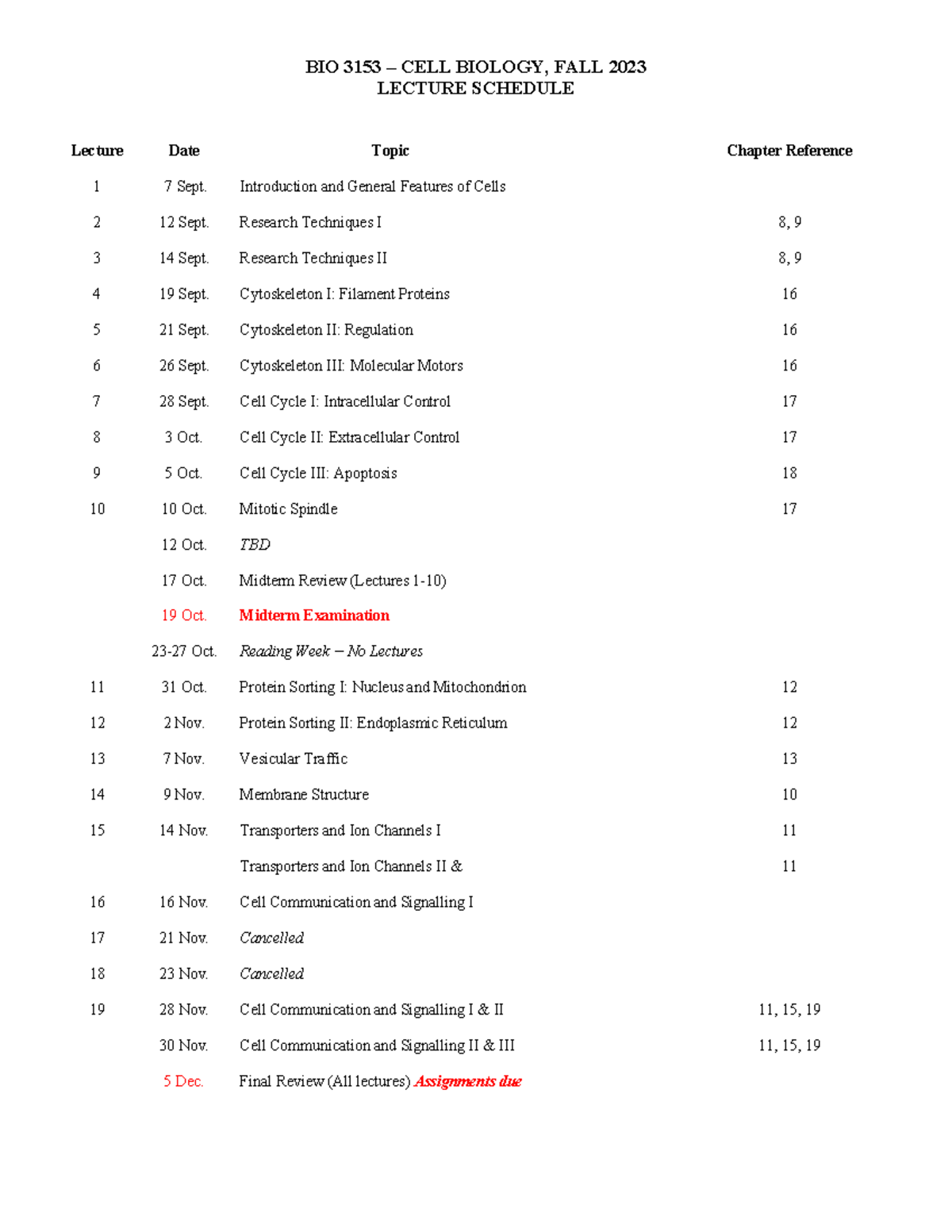 Lecture schedule 2023 - Summary Cell Biology - BIO 3153 – CELL BIOLOGY ...