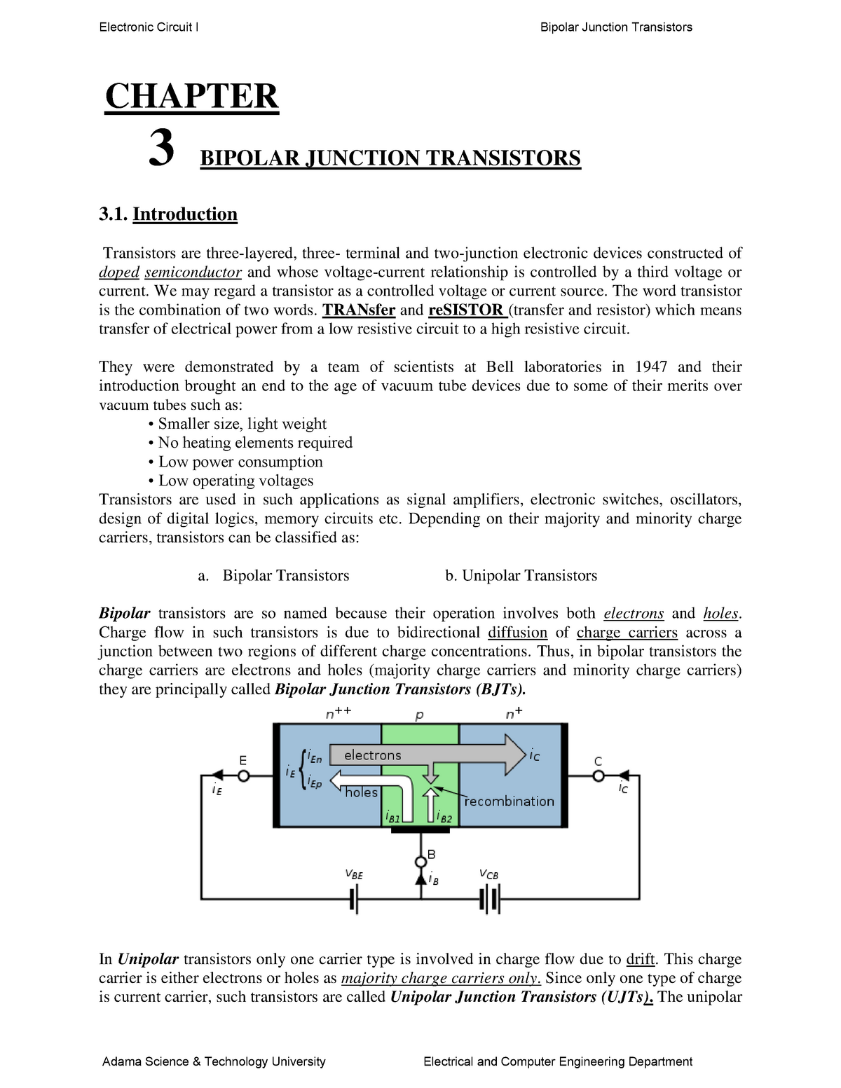 Chapter 3 - Electronic Circuit I Bipolar Junction Transistors CHAPTER 3 ...