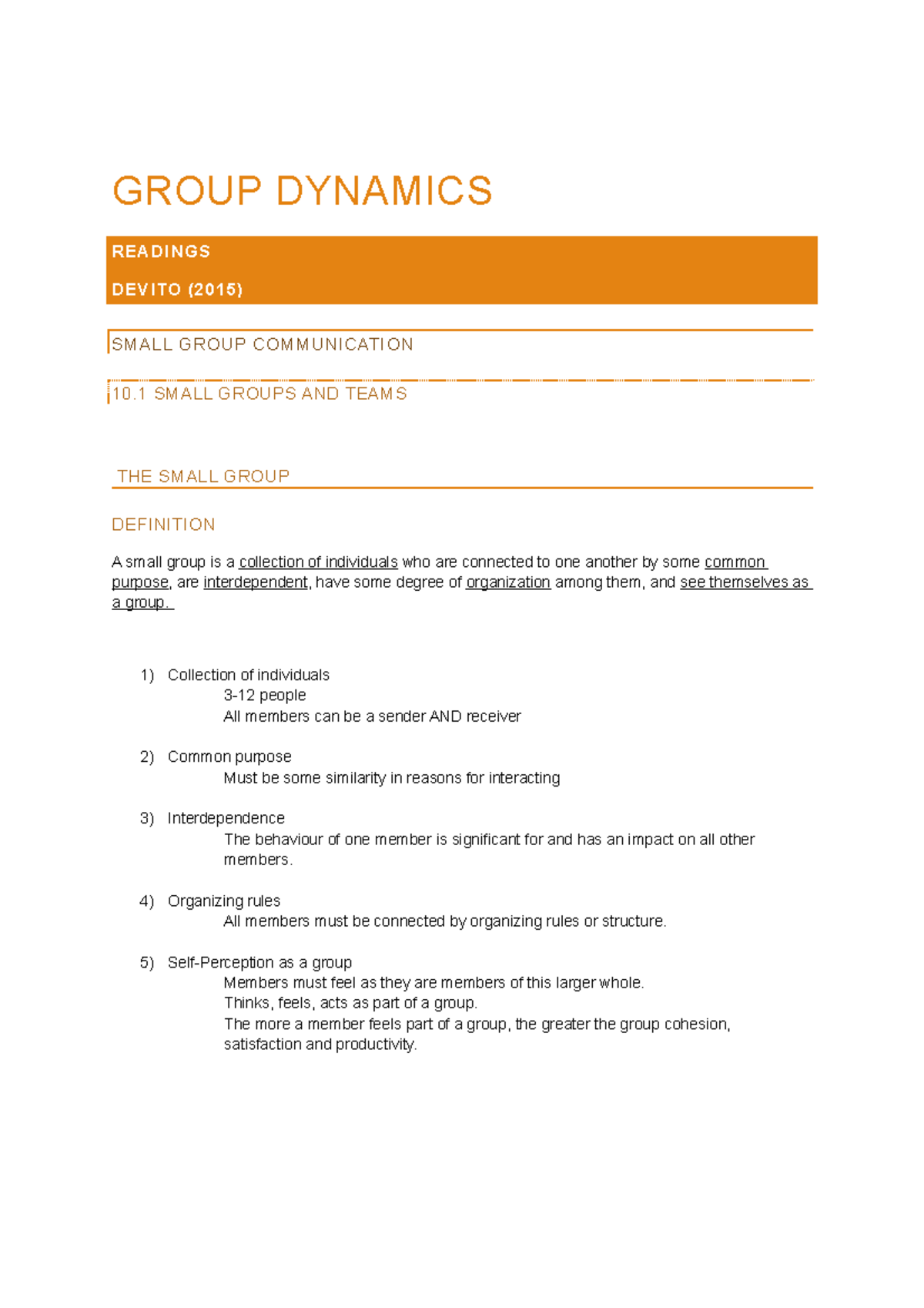 Group Dynamics - Lecture notes 5 - GROUP DYNAMICS READINGS DEVITO (2015 ...