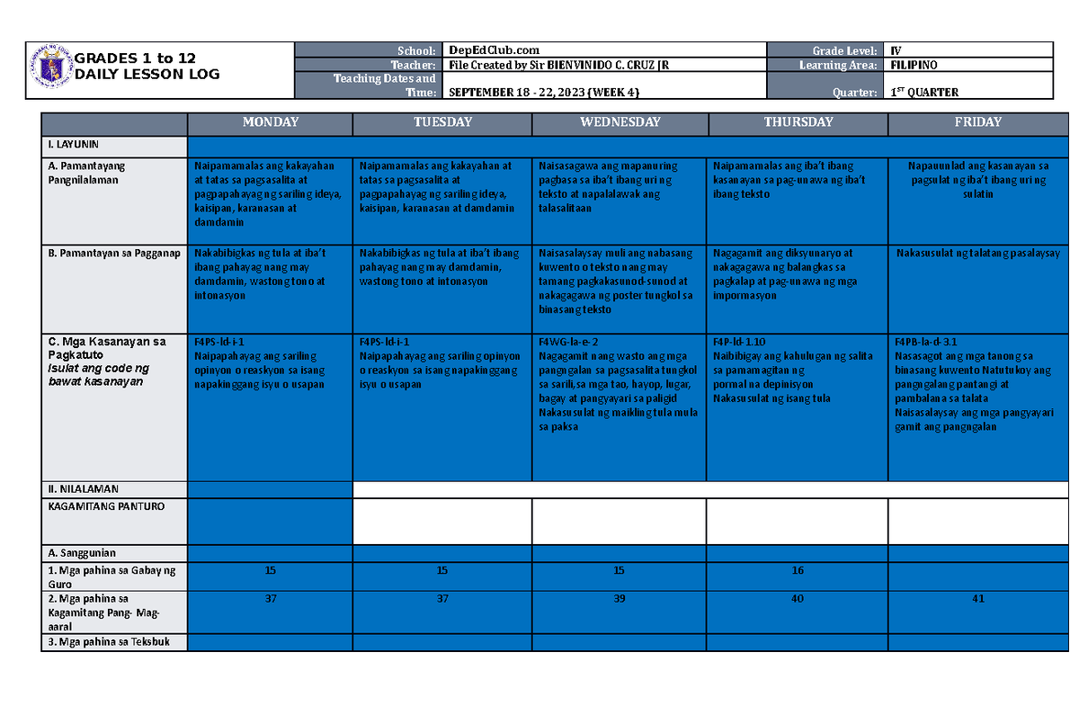 DLL Filipino 4 Q1 W4 - hjhjyu - GRADES 1 to 12 DAILY LESSON LOG School ...