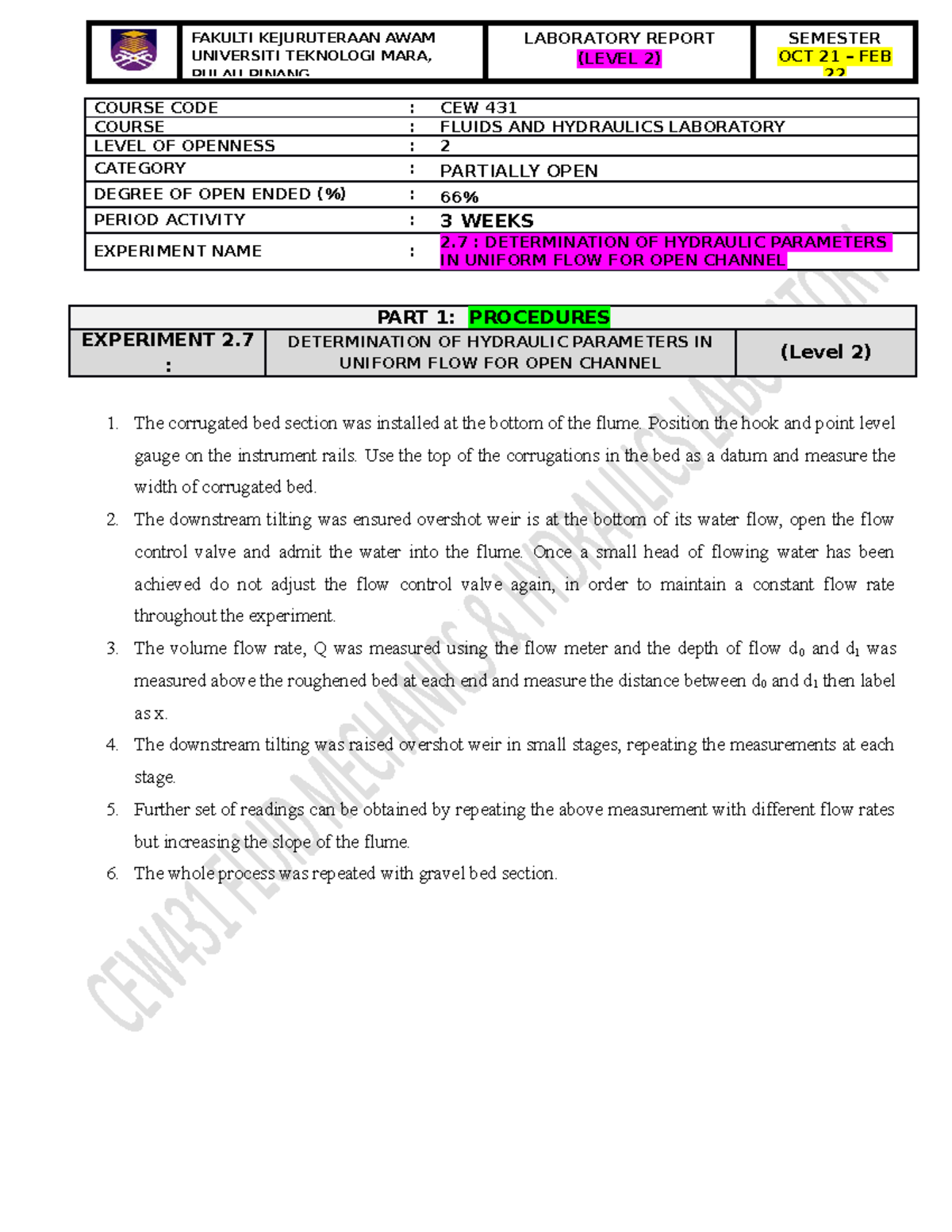 L13 Determine of Hydraulic Parameters In Uniform Flow Report OCT'21