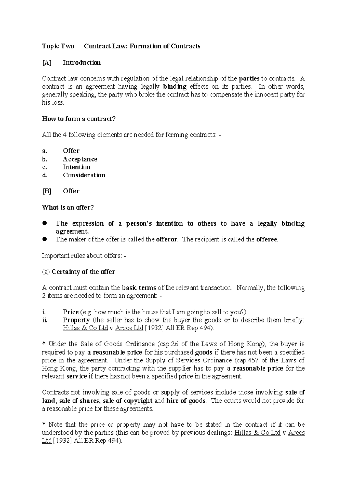 Topic 2 Formation of Contracts 2 - Topic Two Contract Law: Formation of ...