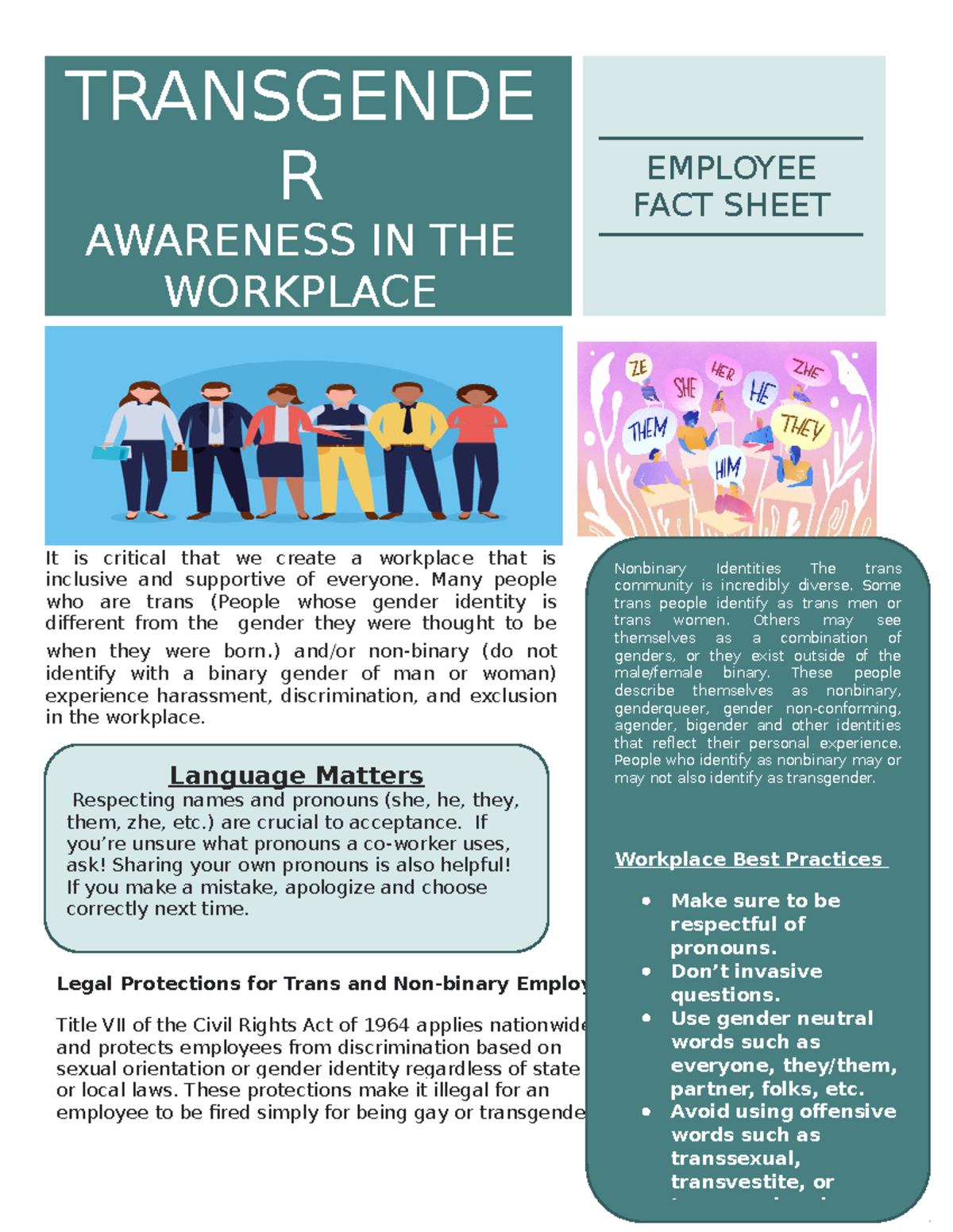 Trans workplace fact sheet - TRANSGENDE R AWARENESS IN THE WORKPLACE ...