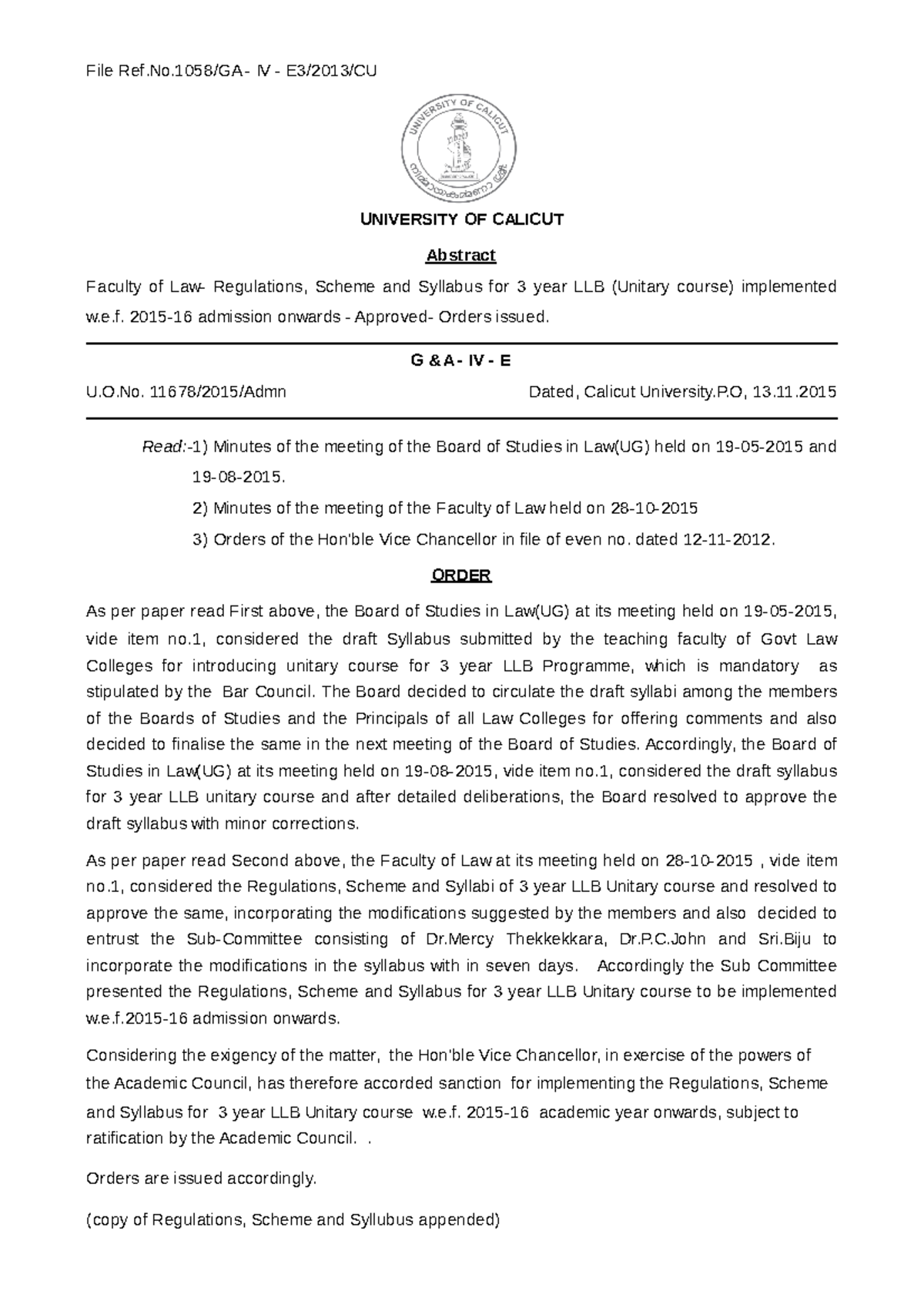 Calicut University Llb Syllabus - U.O. 11678/2015/Admn Dated, Calicut ...