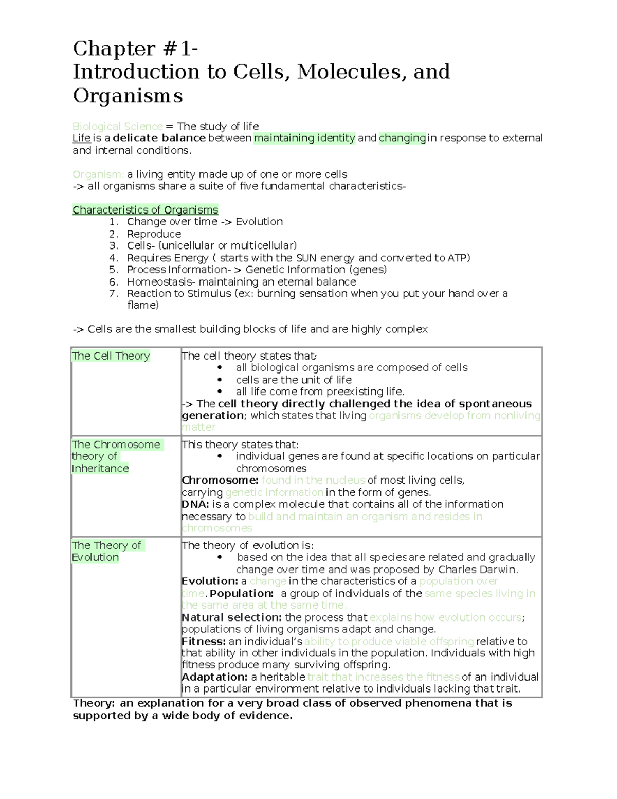 Chapter #1 Notes - Chapter #1- Introduction To Cells, Molecules, And ...