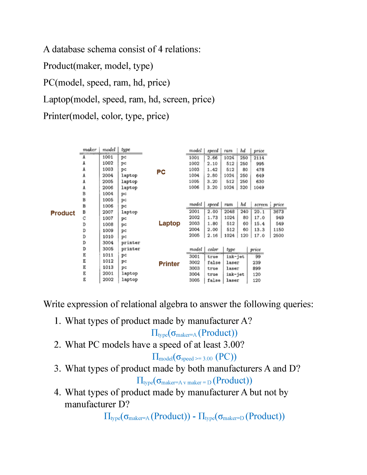 Lab 1 DBI202 - A Database Schema Consist Of 4 Relations: Product(maker ...