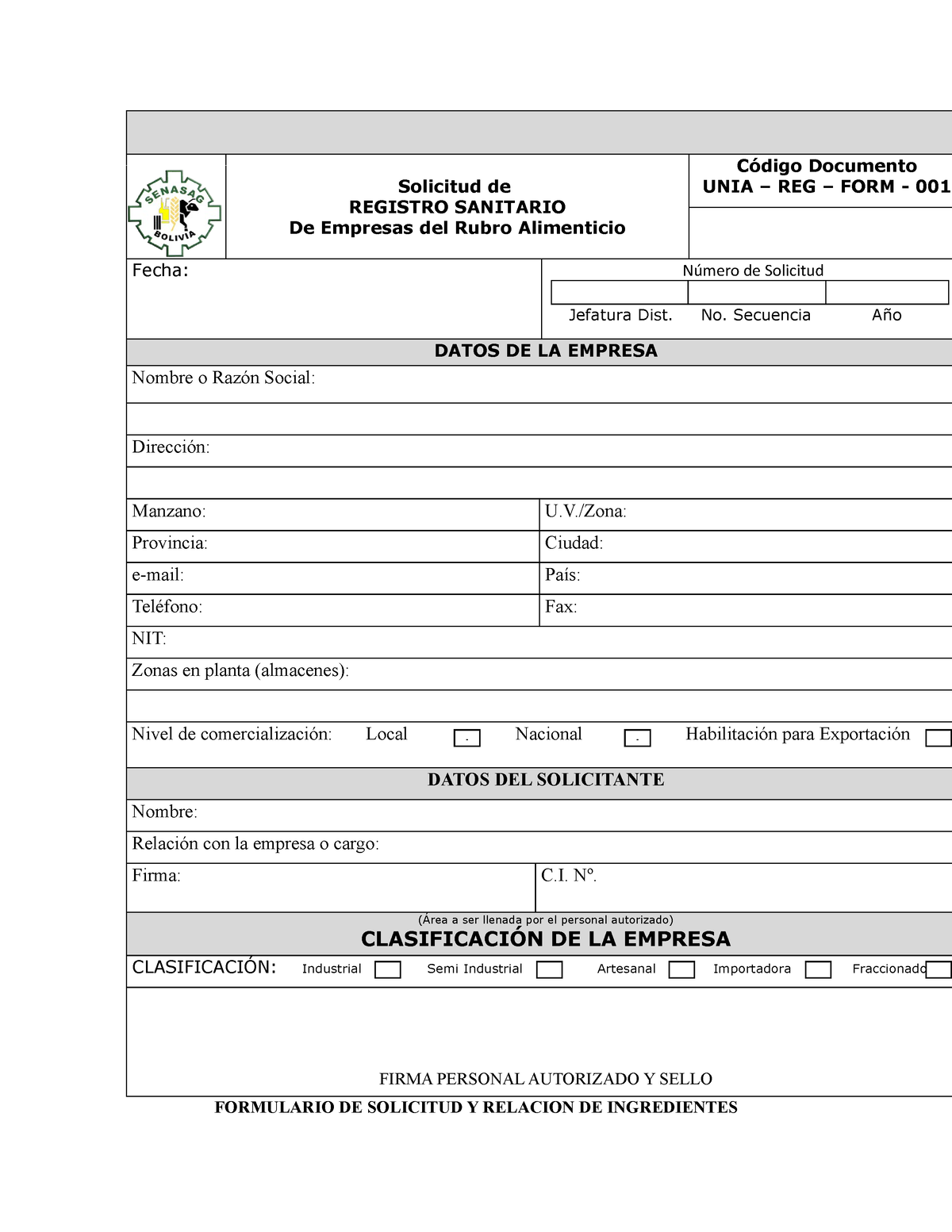 02 Formulario Form 001 Ok Solicitud De Registro Sanitario De Empresas