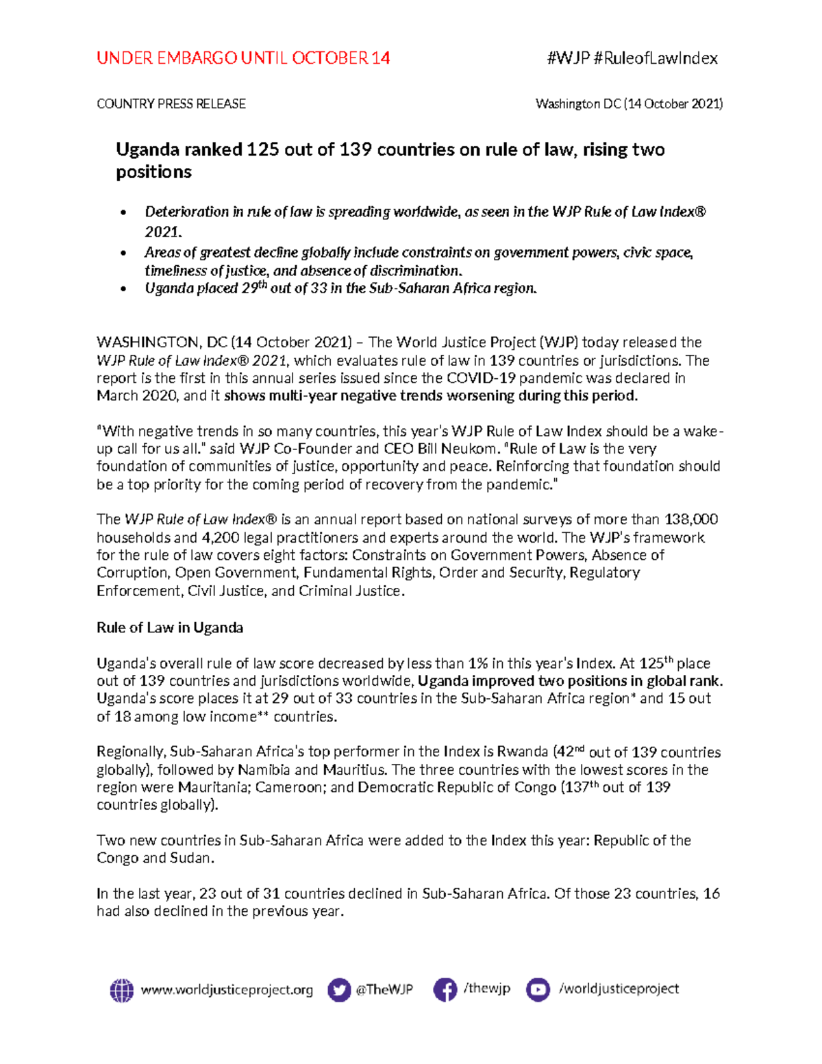 Uganda 2021 WJP Rule of Law Index Country Press Release LLB IUIU