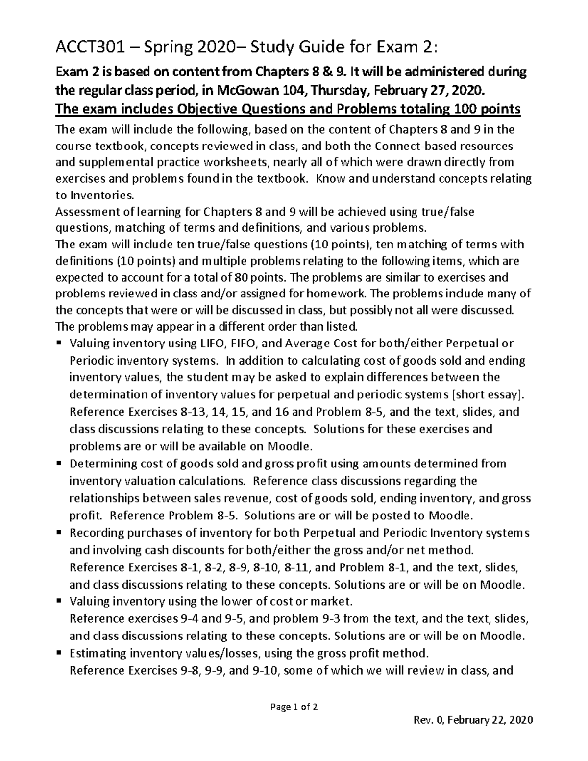 ACCT301 Exam2Spring 2020 Study Guide Rev0 - Page 1 Of 2 Rev. 0 ...