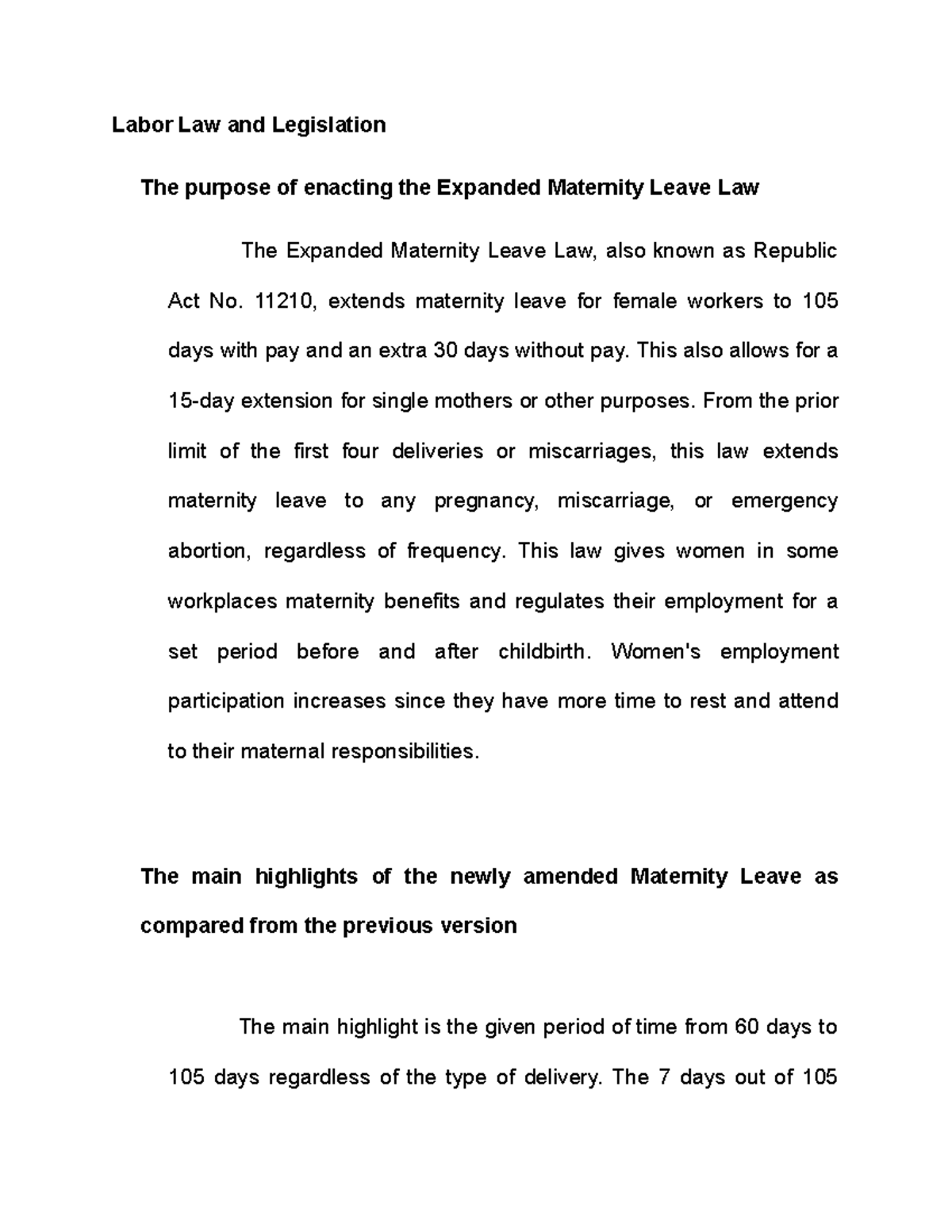 Lecture 12 - The purpose of enacting the Expanded Maternity Leave Law ...