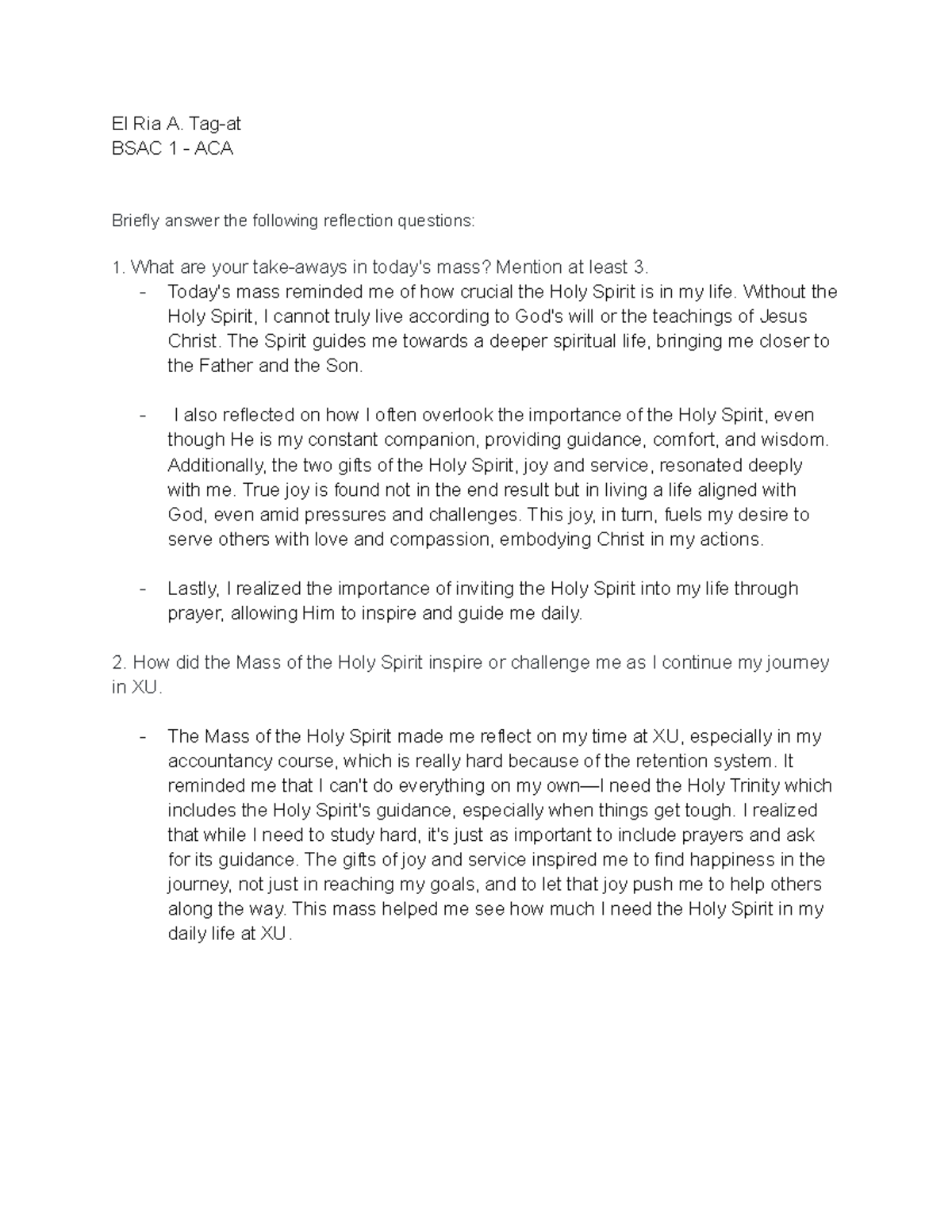 Red Mass Reflection - El Ria A. Tag-at BSAC 1 - ACA Briefly answer the ...