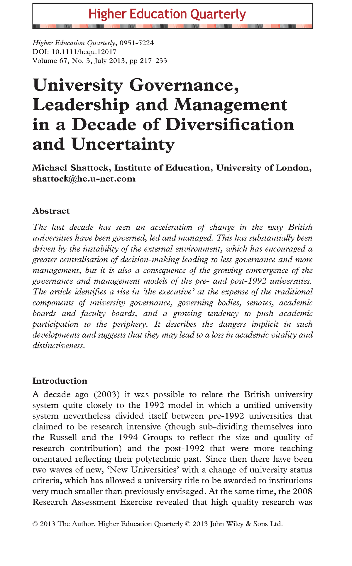 University Governance, Leadership And Management In A Decade Of ...