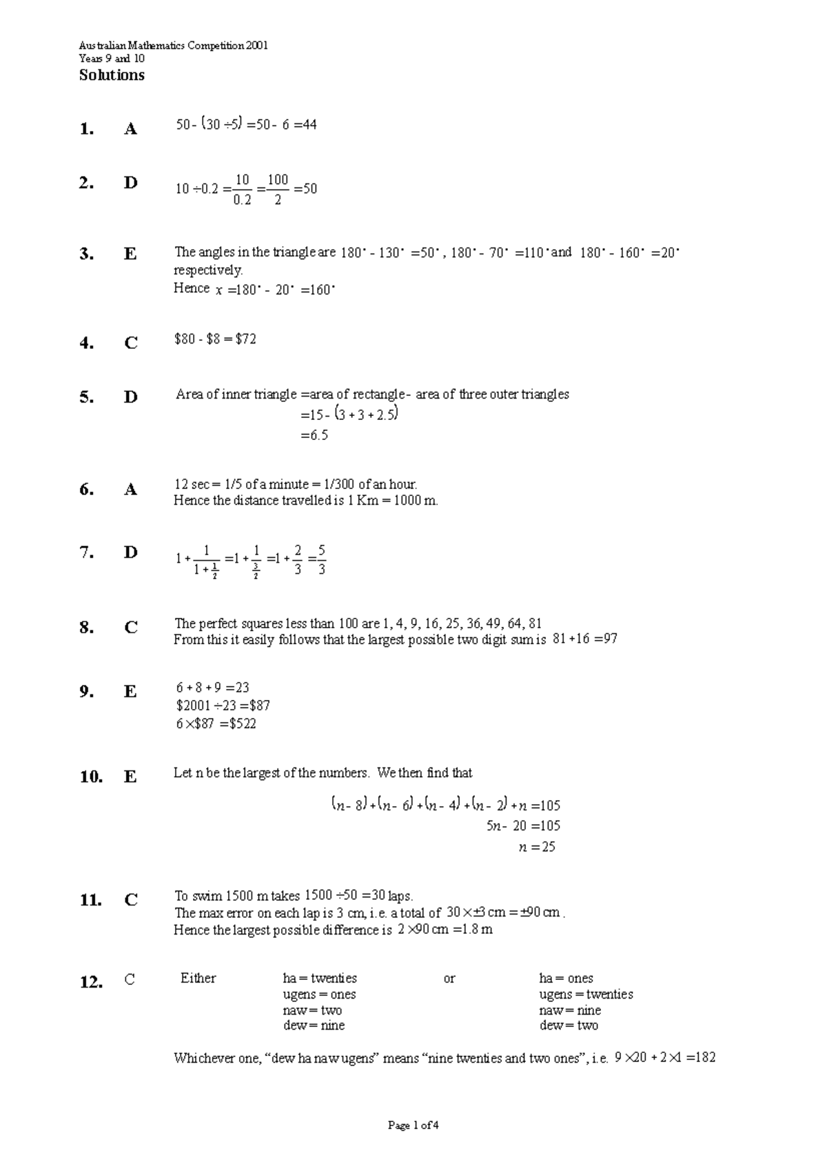 AMC+Years++9+and+10+(Intermediate)+2001 + Solutions - Years 9 and 10 ...