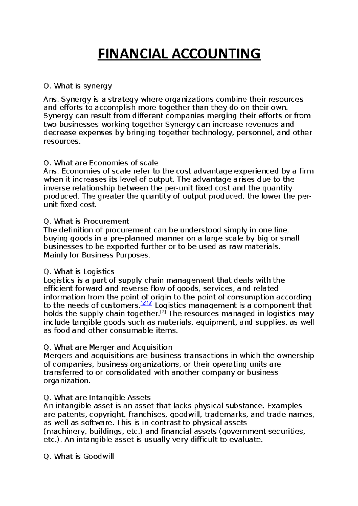 Financial Accounting - FINANCIAL ACCOUNTING Q. What is synergy Ans ...