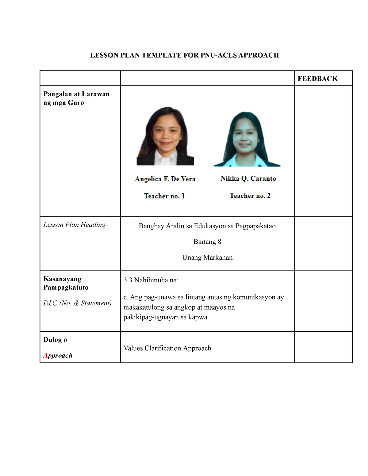 Lesson Plan In Values Education LESSON PLAN TEMPLATE FOR PNU ACES 