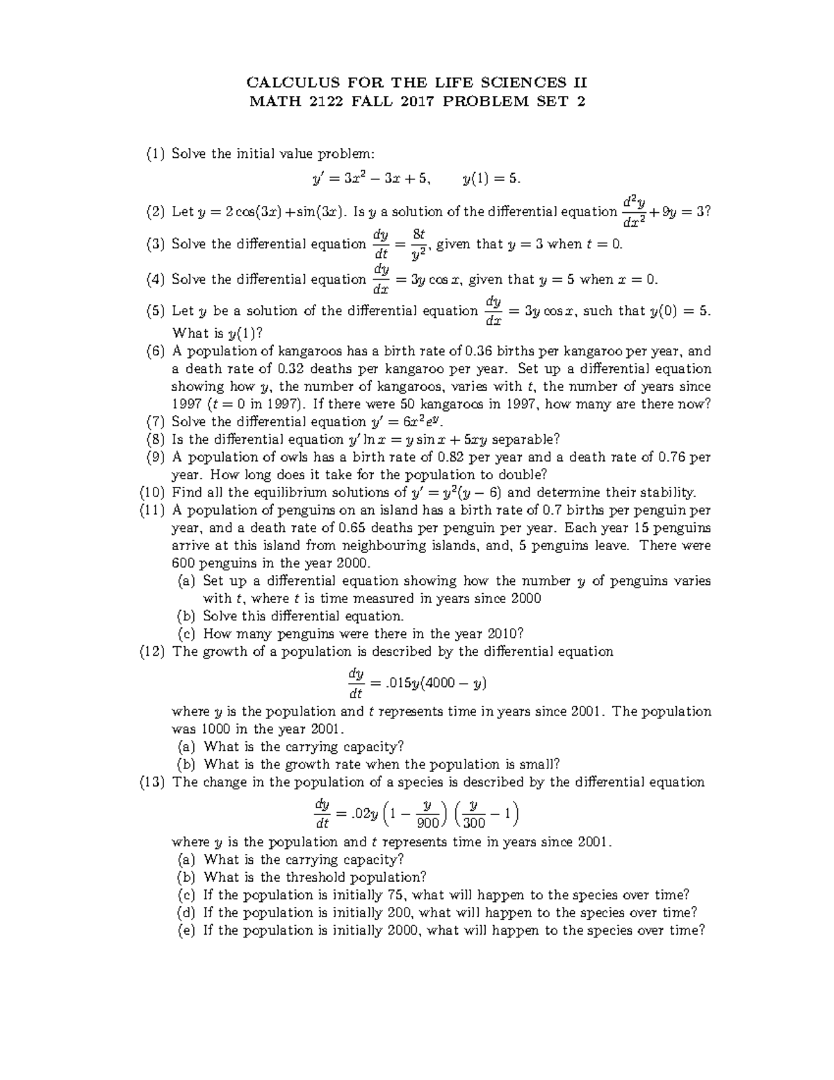 Problem Set 2 Fall 2017 - CALCULUS FOR THE LIFE SCIENCES II MATH 2122 ...