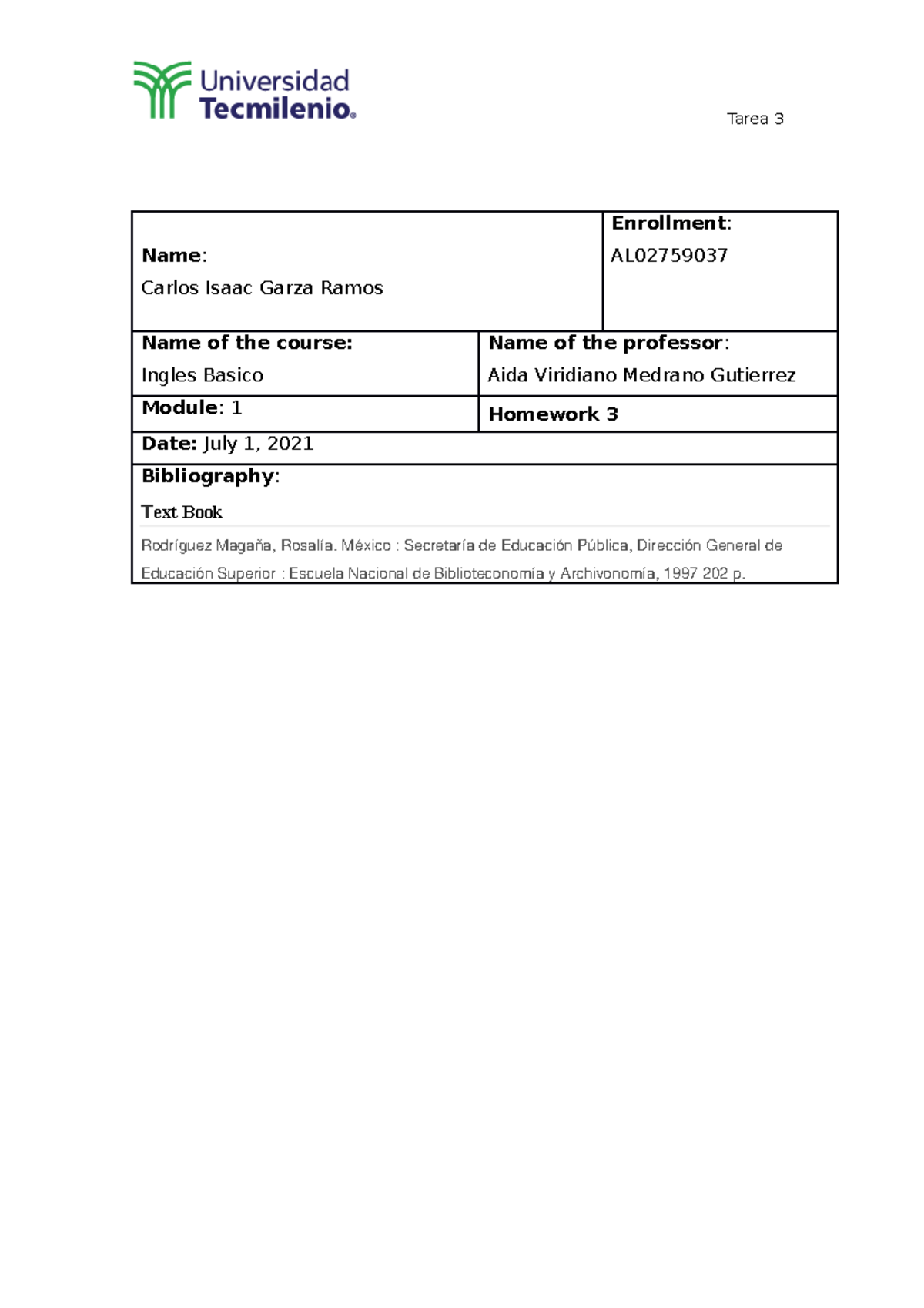 Tarea 3 - Ingles basico 2021 temilenio - Tarea 3 Name : Carlos Isaac ...