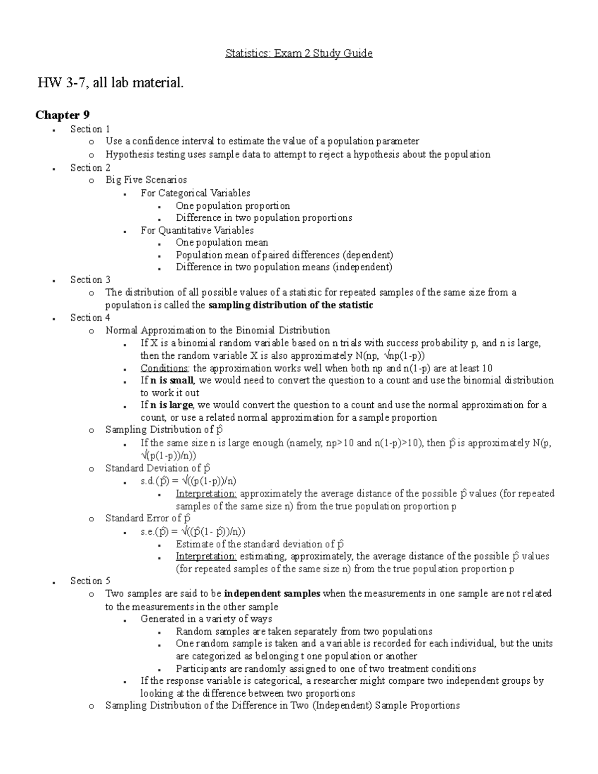 Stats 250 Study Guide 2 Statistics Exam 2 Study Guide HW 37, all