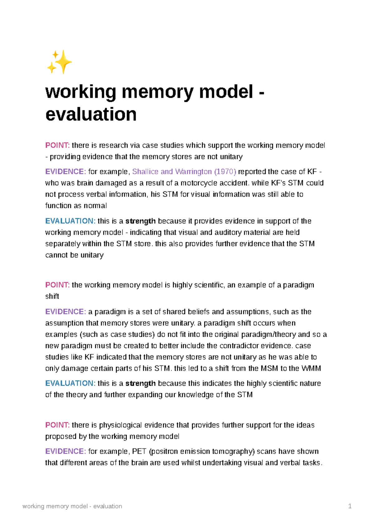 working memory model essay questions