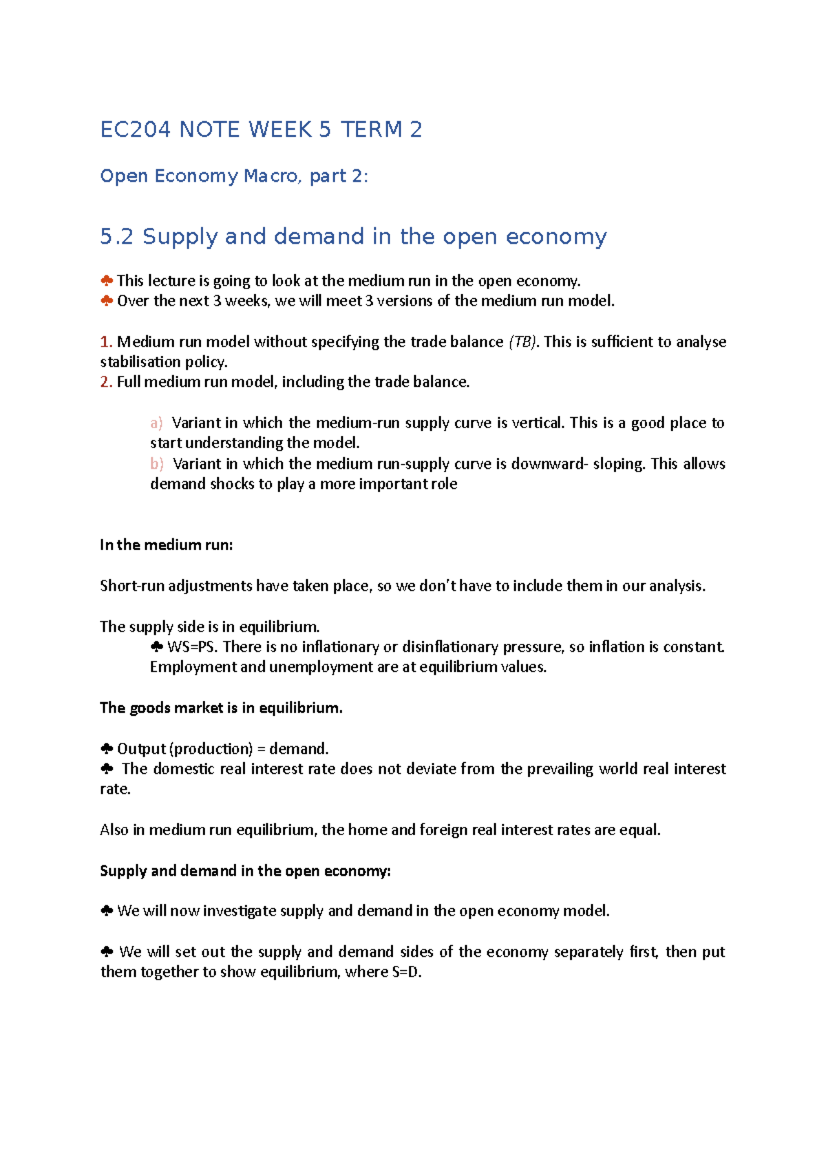 EC204 WEEK 5 TERM 2 NOTES - EC204 NOTE WEEK 5 TERM 2 Open Economy Macro ...