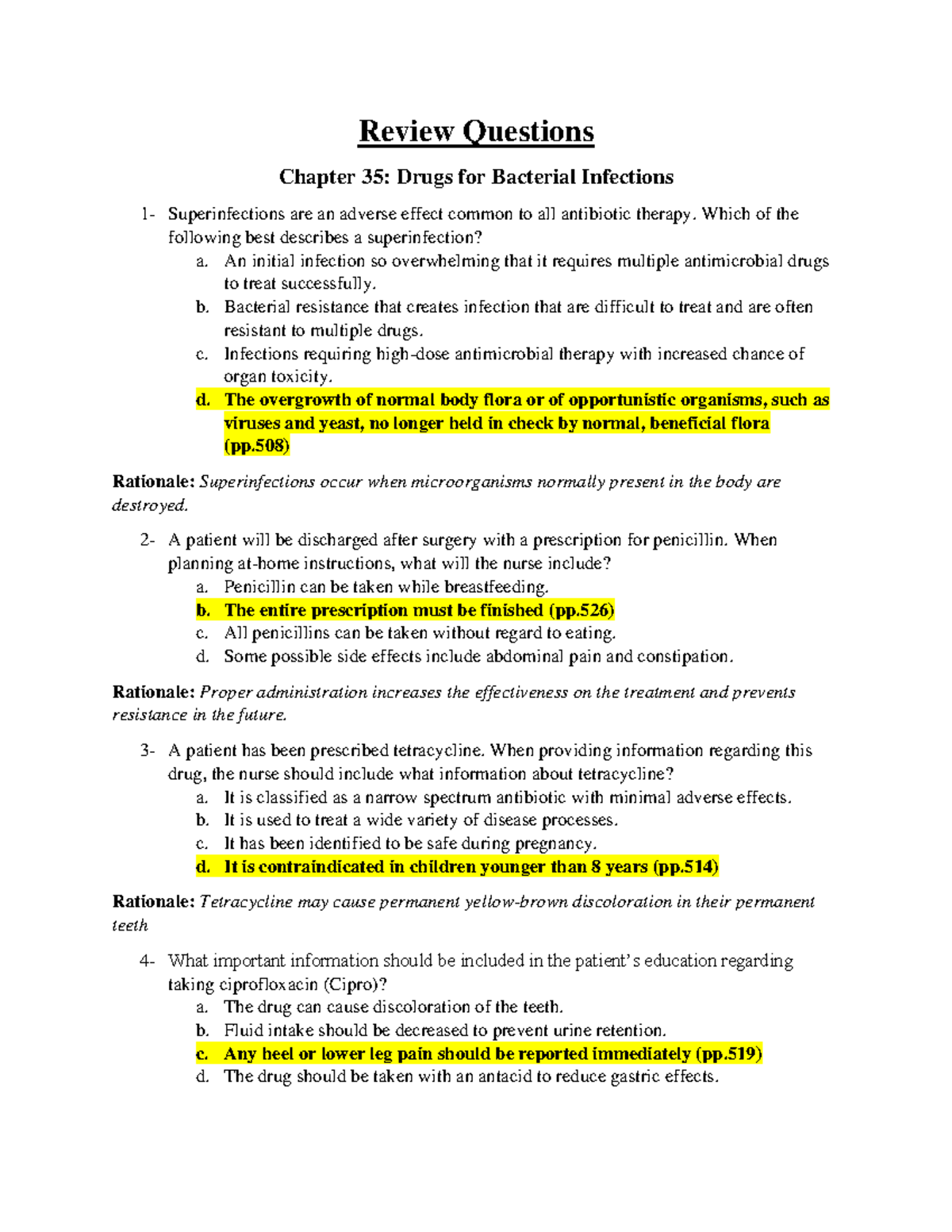 Review questions Ch. 35 Drugs for Bacterial Infections Review