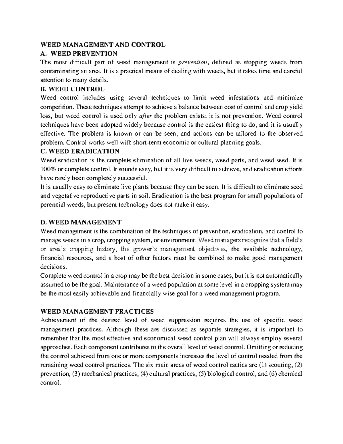 WEED Management AND Control - WEED MANAGEMENT AND CONTROL A. WEED ...