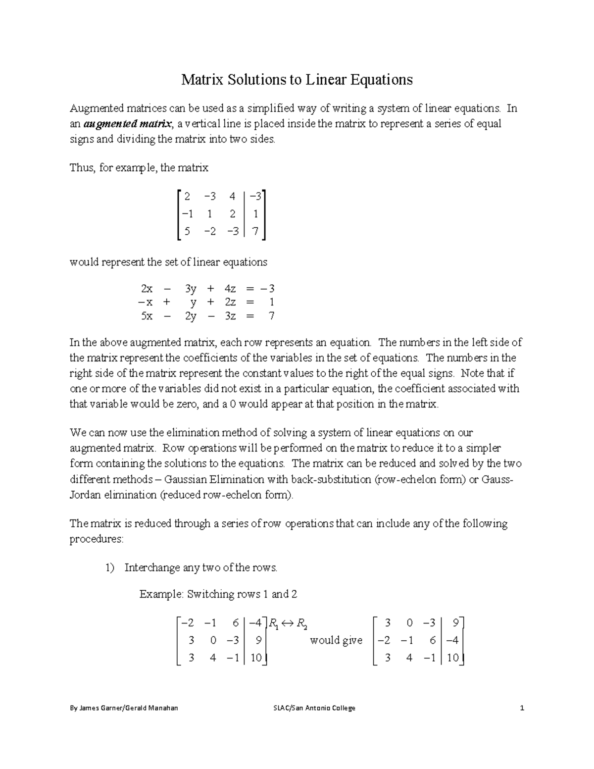 Math1314 matrix solutions to linear equations - Matrix Solutions to ...