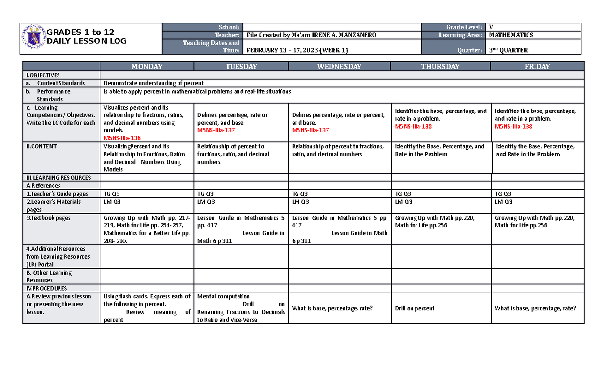 Dll Mathematics 5 Q3 W1 Grades 1 To 12 Daily Lesson Log School Grade Level V Teacher File 5408