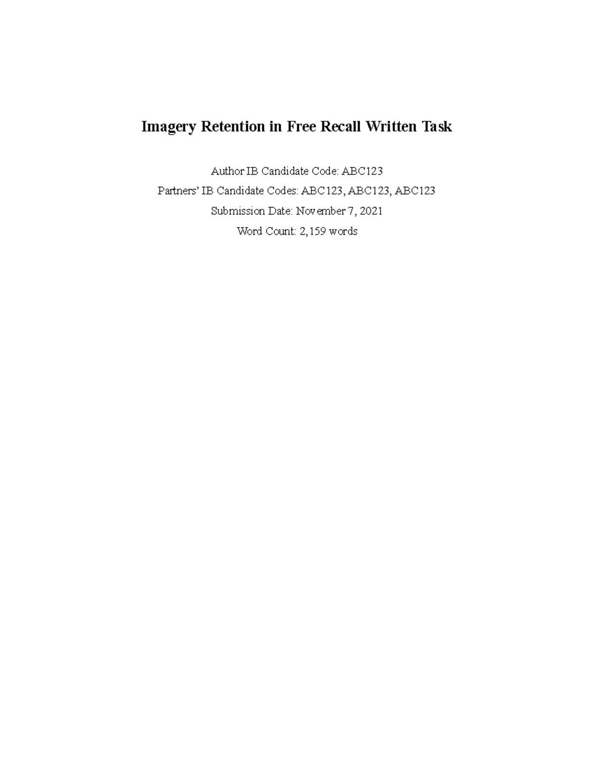 Internal Assessment Rough Draft - Imagery Retention in Free Recall ...