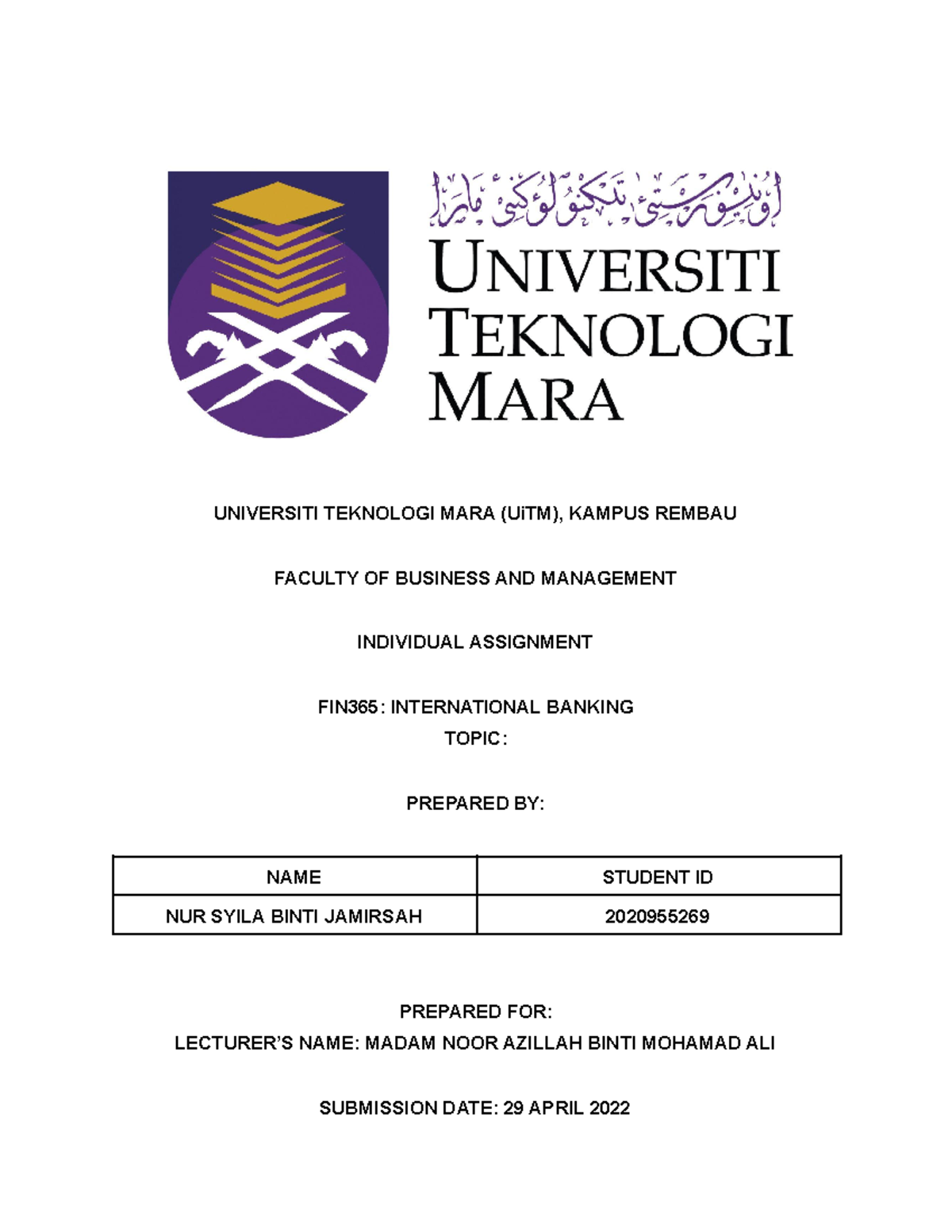 Individual Assignment - Report FIN360 - UNIVERSITI TEKNOLOGI MARA (UiTM ...