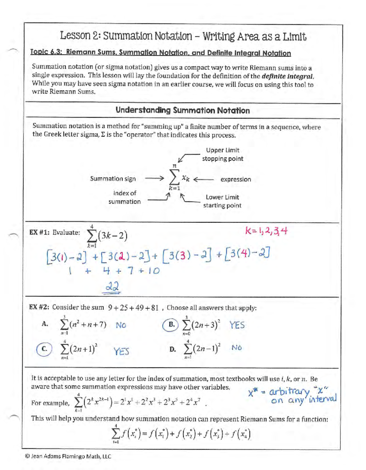 6.2 Guided Notes Key - Lesson 2: Summation Notation Writing Area As A ...