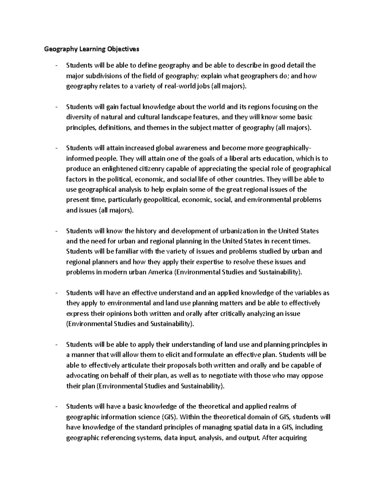 Geographylearningobjectives Geography Learning Objectives Students