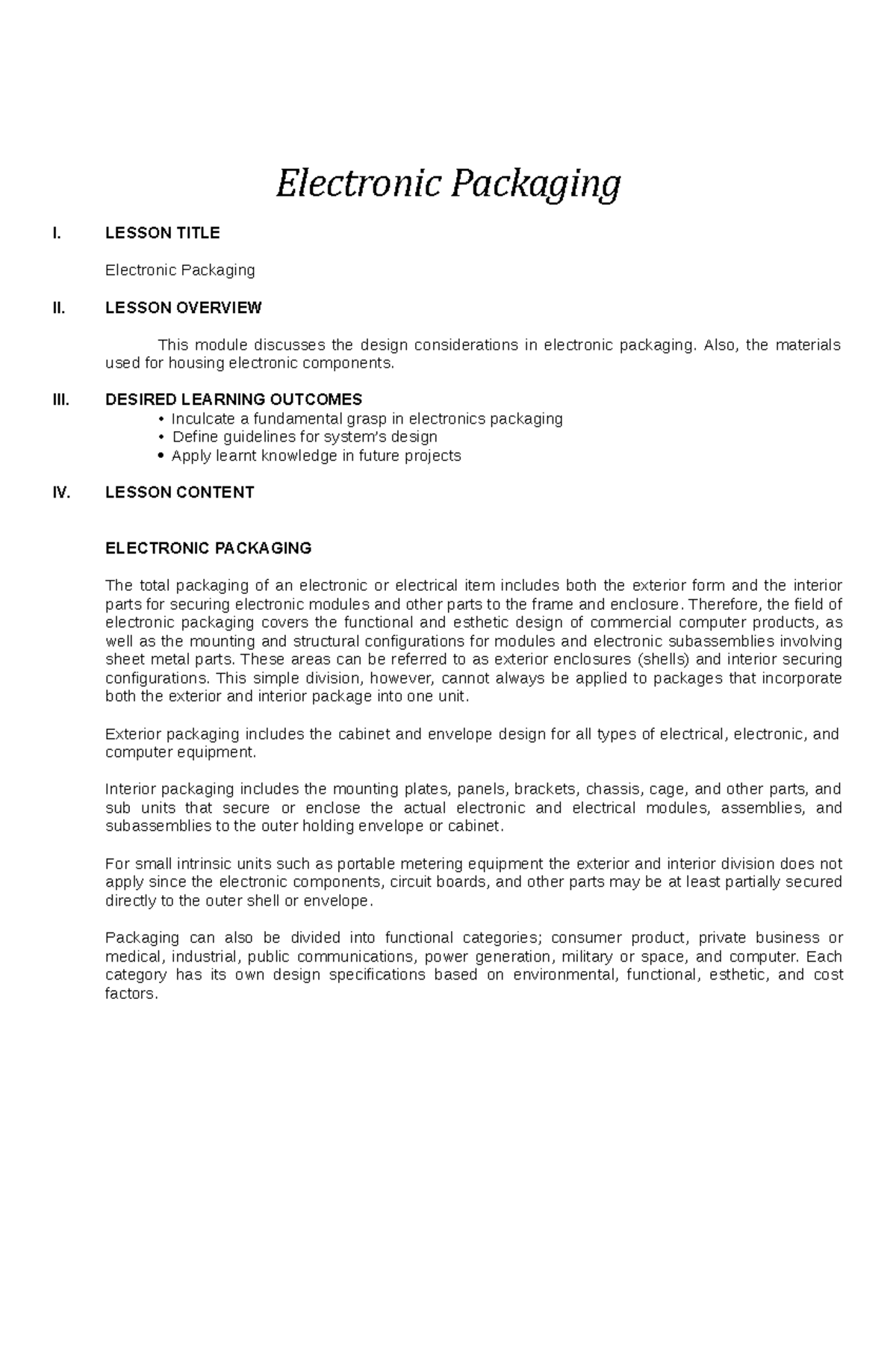 Module 7-Electronic Packaging - Electronic Packaging I. LESSON TITLE ...