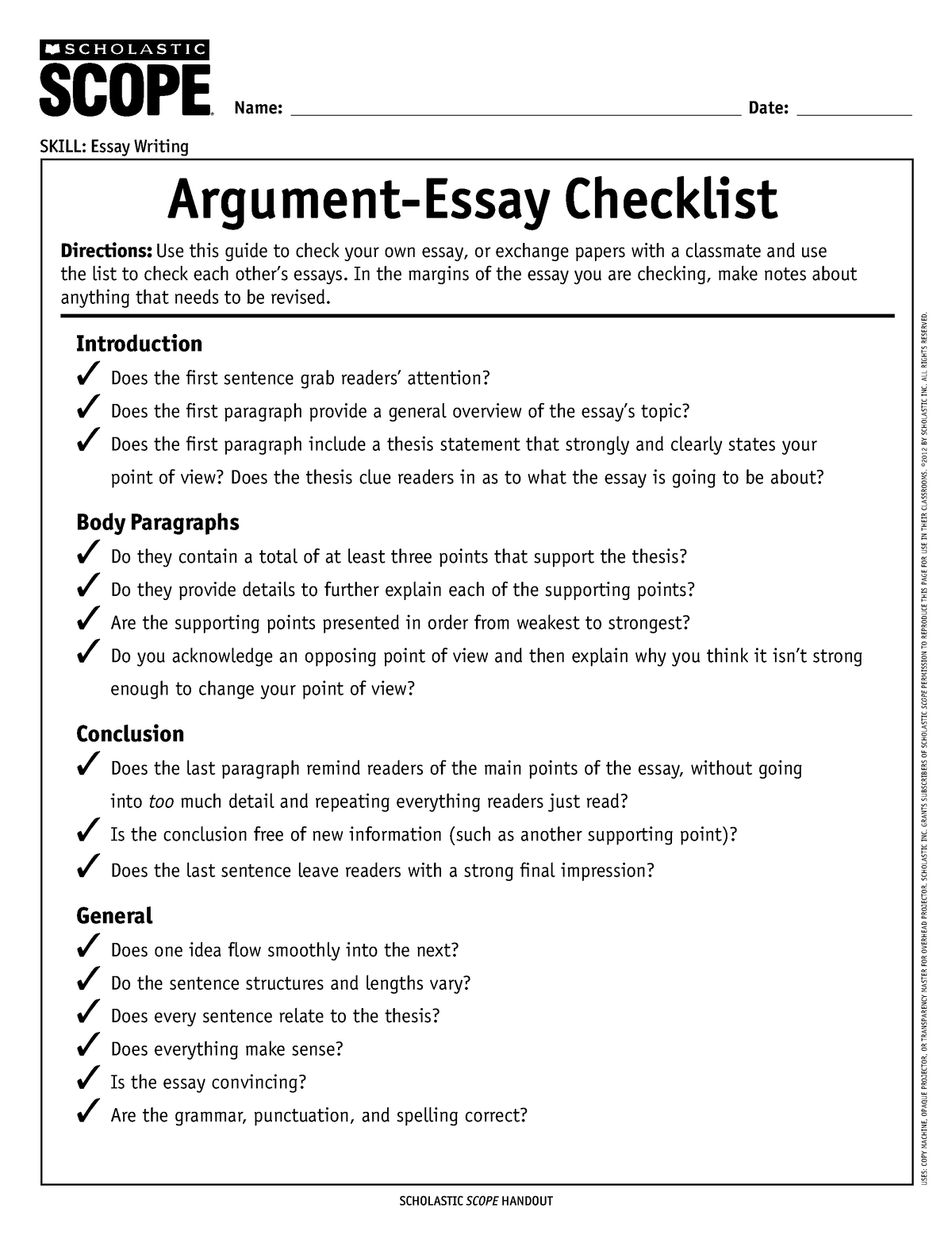 Scopelibraryargument essay check list SCHOLASTIC SCOPE HANDOUT