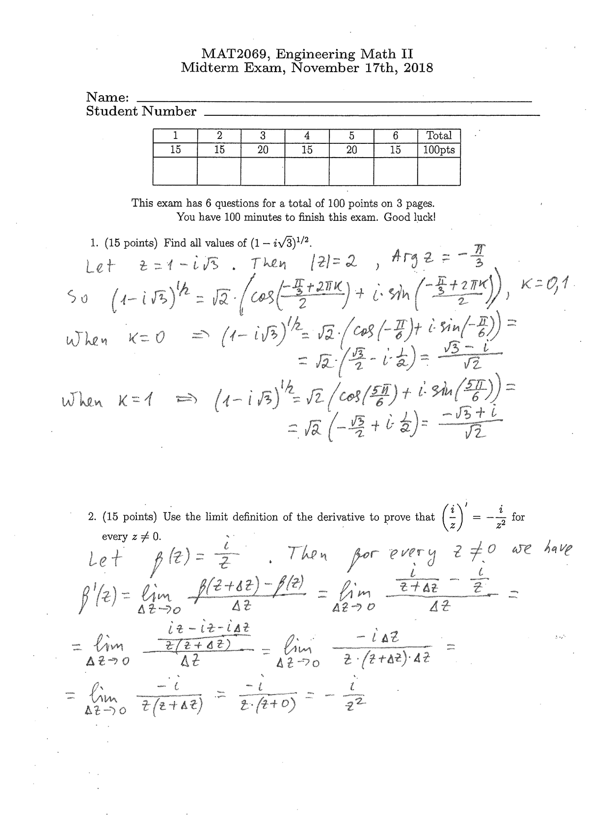 Midterm 17 November 2018, Answers - Engineering Mathematics 2 - Studocu