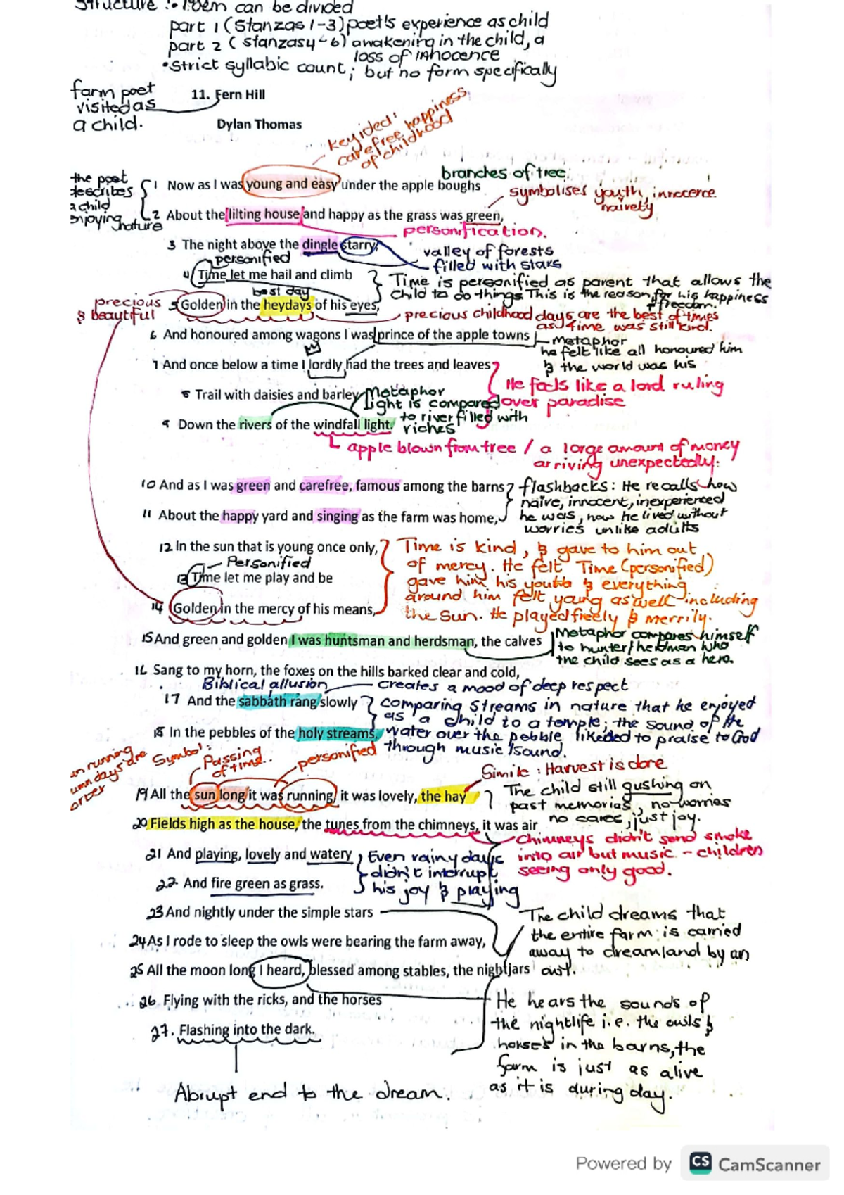 Fern Hill - Fern Hill notes - Structure loen can be divided part I ...